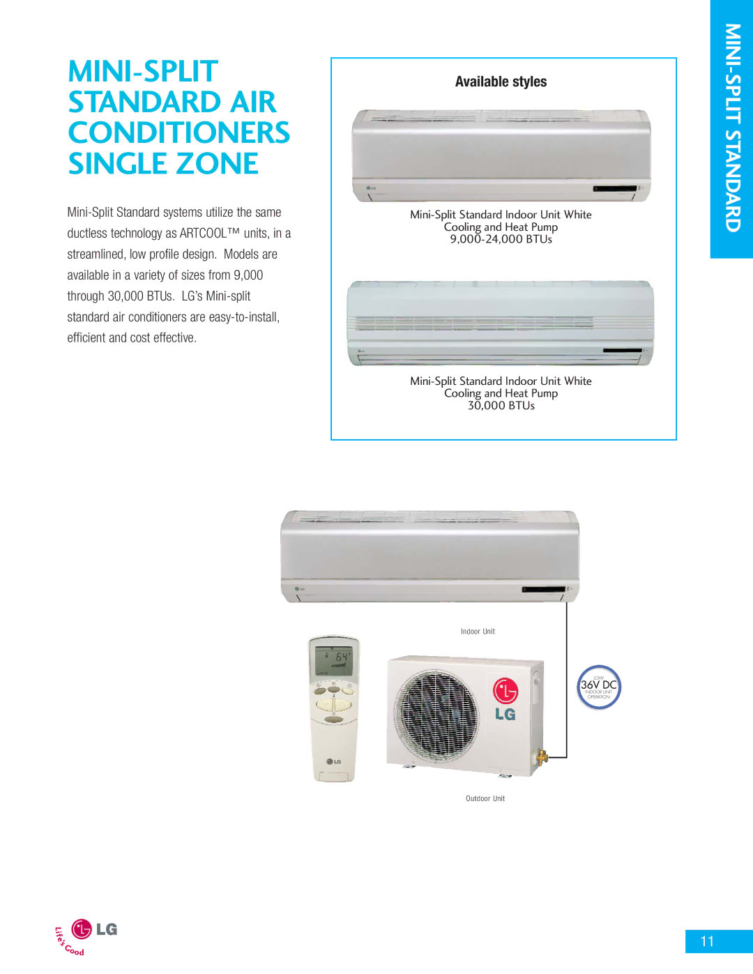 LG Electronics LA090HPI, LA090CPI, LA090CPO manual MINI-SPLIT Standard AIR Conditioners Single Zone 