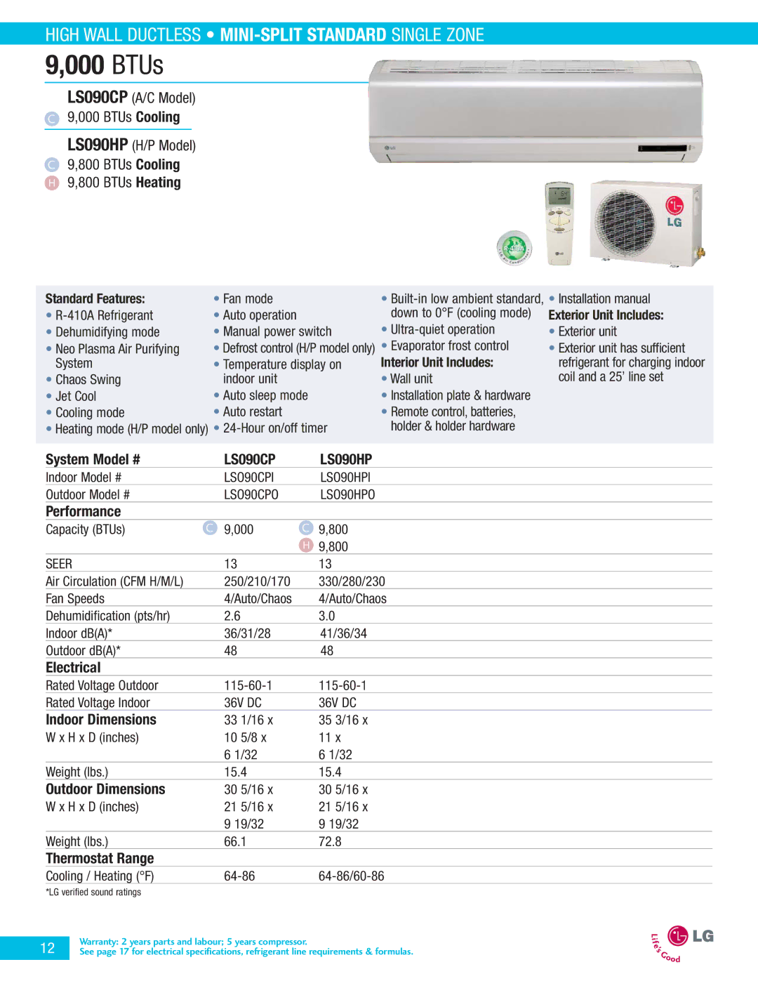 LG Electronics LA090HPI, LA090CPI, LA090CPO manual LS090CP LS090HP, Standard Features, LSO90CPI LSO90HPI, LSO90CPO LSO90HPO 