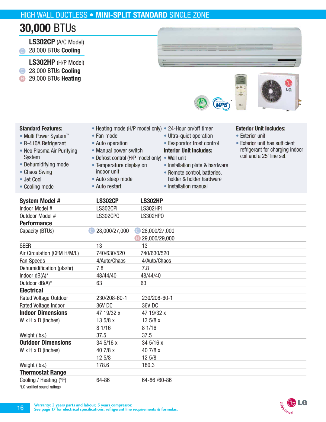 LG Electronics LA090HPI, LA090CPI, LA090CPO manual 30,000 BTUs, LS302CP LS302HP, LS302CPI LS302HPI, LS302CPO LS302HPO 