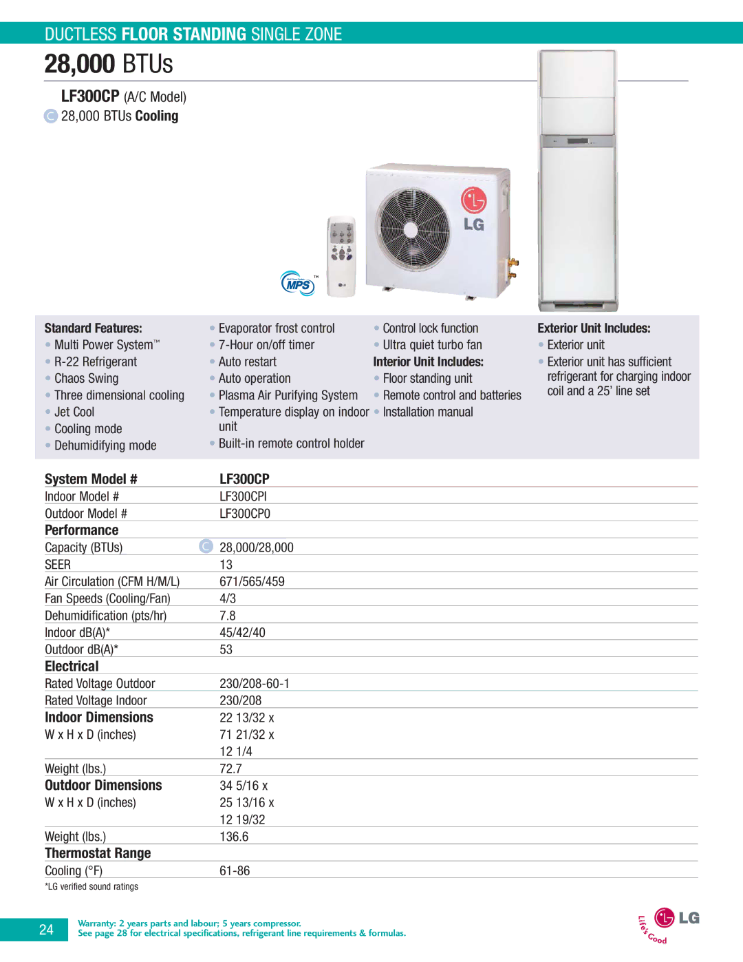 LG Electronics LA090CPO, LA090HPI, LA090CPI manual LF300CP A/C Model 28,000 BTUs Cooling, LF300CPI 