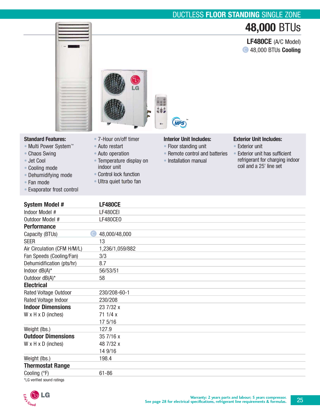 LG Electronics LA090HPI manual LF480CE A/C Model 48,000 BTUs Cooling, Interior Unit Includes Exterior Unit Includes 