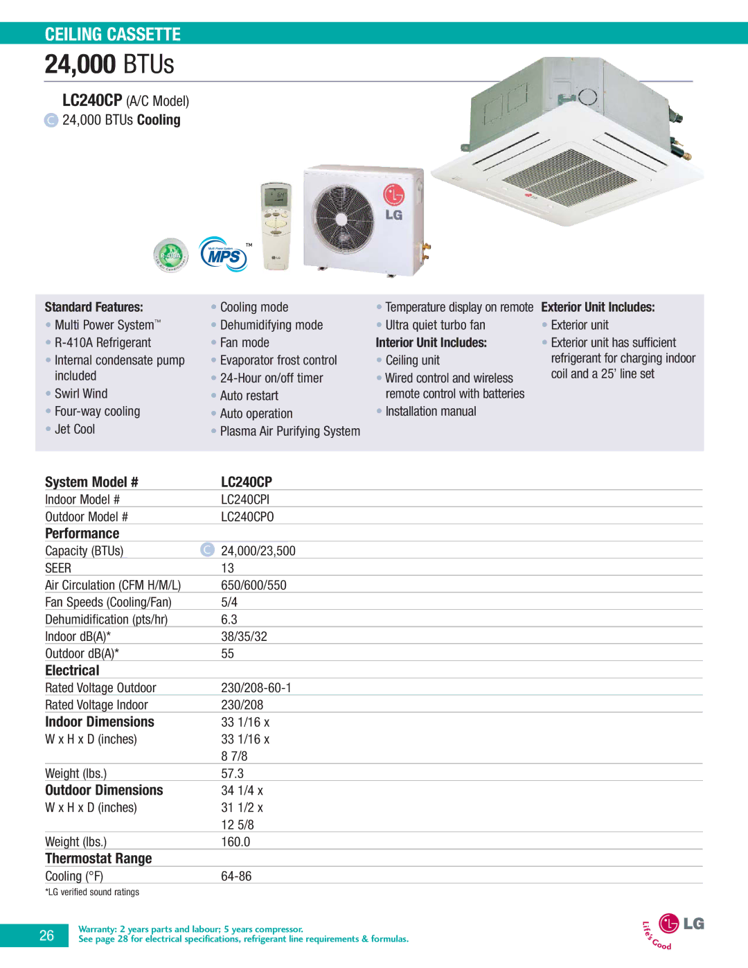 LG Electronics LA090HPI, LA090CPI, LA090CPO manual LC240CP A/C Model 24,000 BTUs Cooling, LC240CPI, LC240CPO 