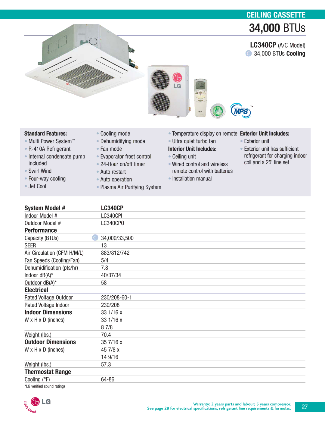 LG Electronics LA090HPI, LA090CPI, LA090CPO manual LC340CP A/C Model 34,000 BTUs Cooling, LC340CPI, LC340CPO 