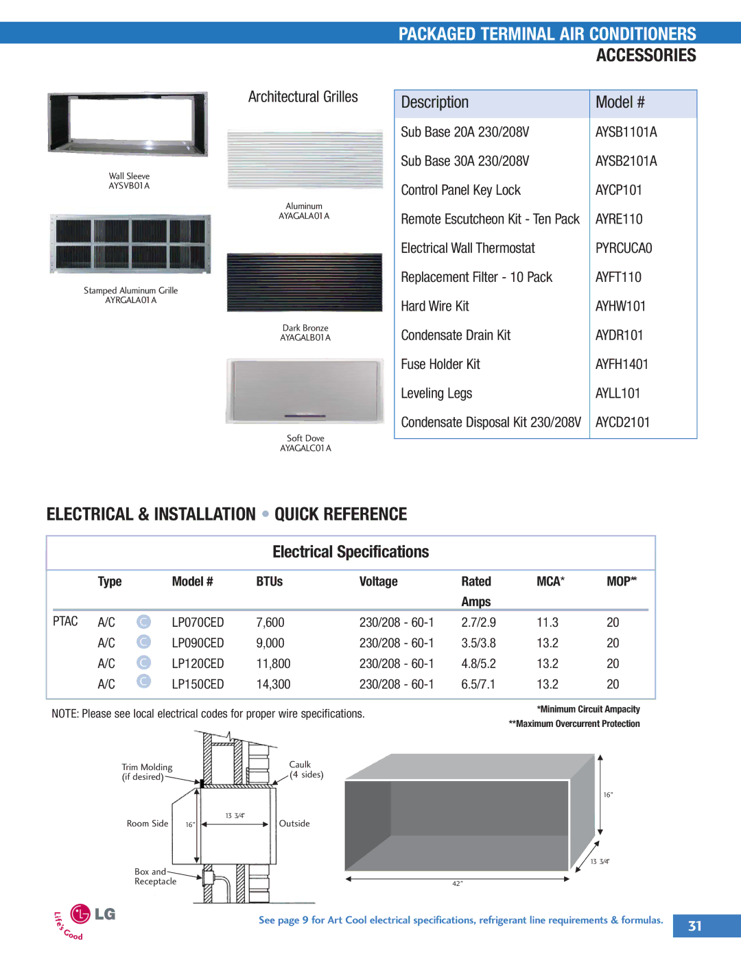 LG Electronics LA090CP Sub Base 20A 230/208V, Sub Base 30A 230/208V, Control Panel Key Lock, Electrical Wall Thermostat 