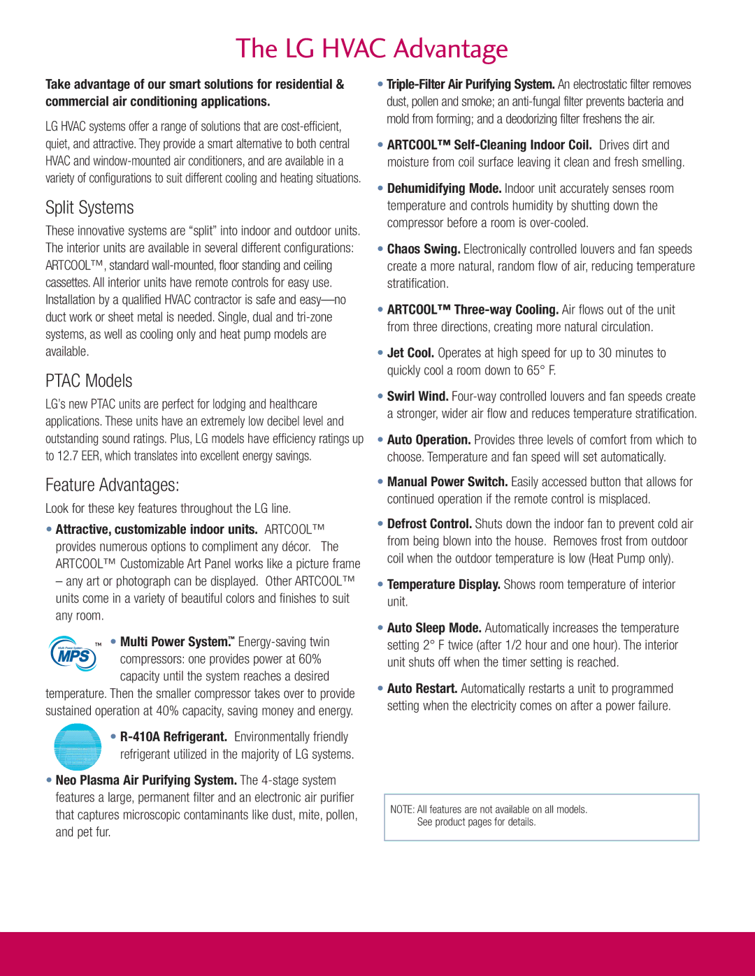 LG Electronics LA090HPI manual Look for these key features throughout the LG line, Multi Power System. Energy-saving twin 