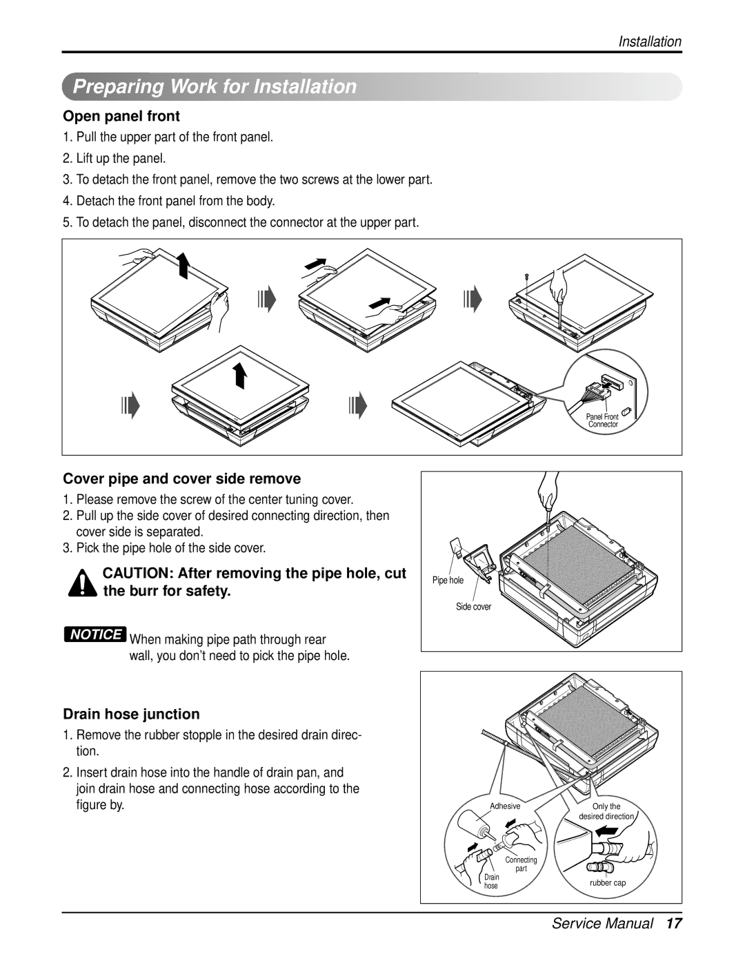 LG Electronics LA120CPO, LA120HPO Preparing Work for Installation, Open panel front, Cover pipe and cover side remove 