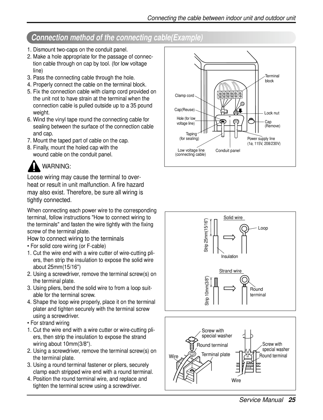 LG Electronics LA120HPO, LA090HPO Connection method of the connecting cableExample, How to connect wiring to the terminals 