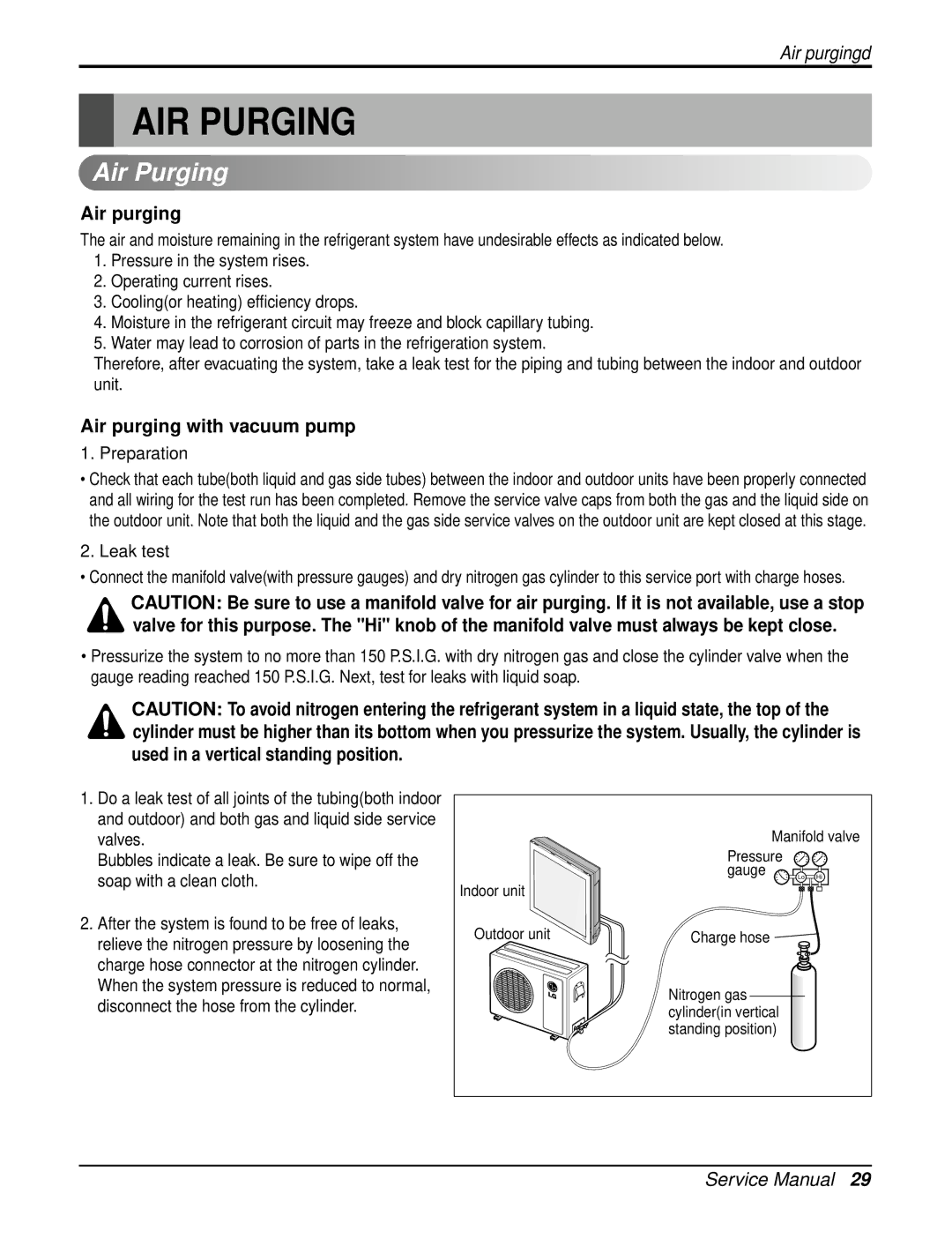 LG Electronics LA120CPI, LA120HPO, LA090HPO, LA120CPO, LA120HPI service manual Air Purging, Air purging with vacuum pump 