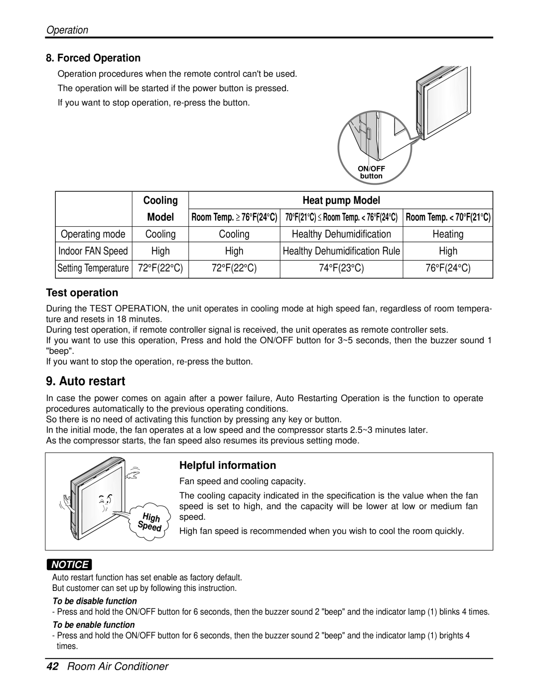 LG Electronics LA120CPO Auto restart, Forced Operation, Cooling Heat pump Model, Test operation, Helpful information 