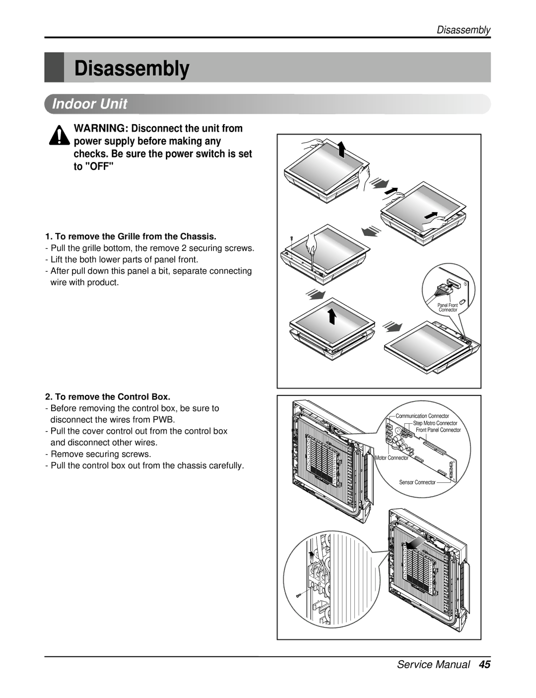 LG Electronics LA120HPO, LA090HPO, LA120CPO Disassembly, To remove the Grille from the Chassis, To remove the Control Box 