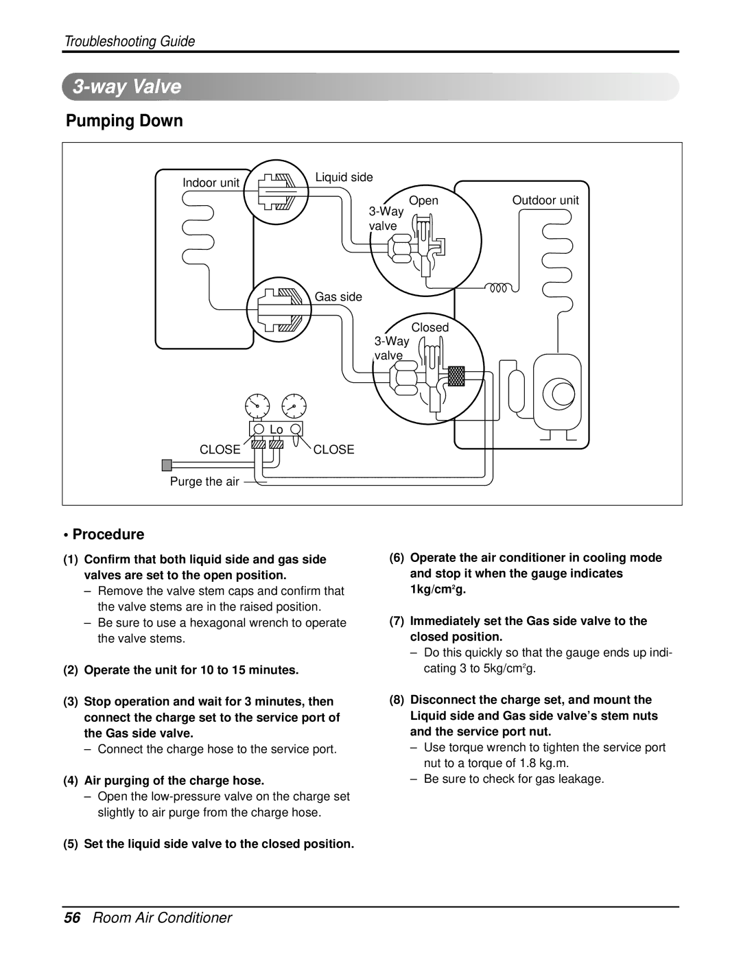 LG Electronics LA090HPO, LA120HPO, LA120CPO, LA120HPI Way Valve, Pumping Down, Procedure, Air purging of the charge hose 