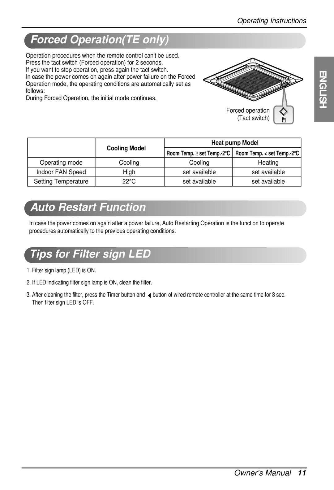 LG Electronics LA185HV owner manual Forced OperationTE only, Auto Restart Function, Tips for Filter sign LED, High 