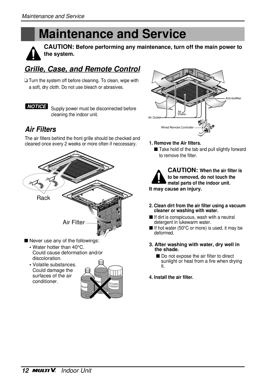 LG Electronics LA185HV Maintenance and Service, Remove the Air filters, It may cause an injury, Install the air filter 