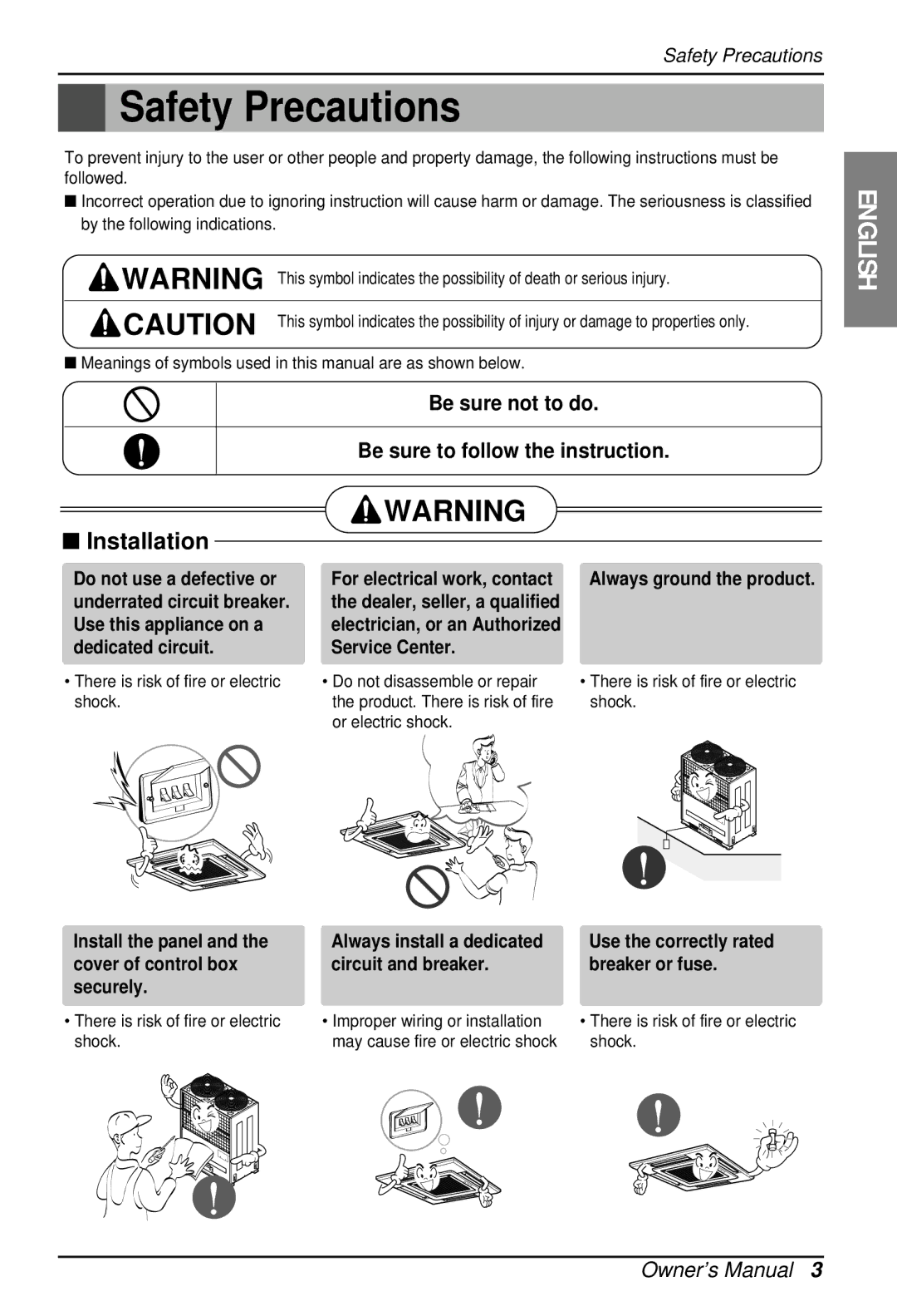 LG Electronics LA185HV Safety Precautions, Install the panel and the cover of control box securely, Service Center 