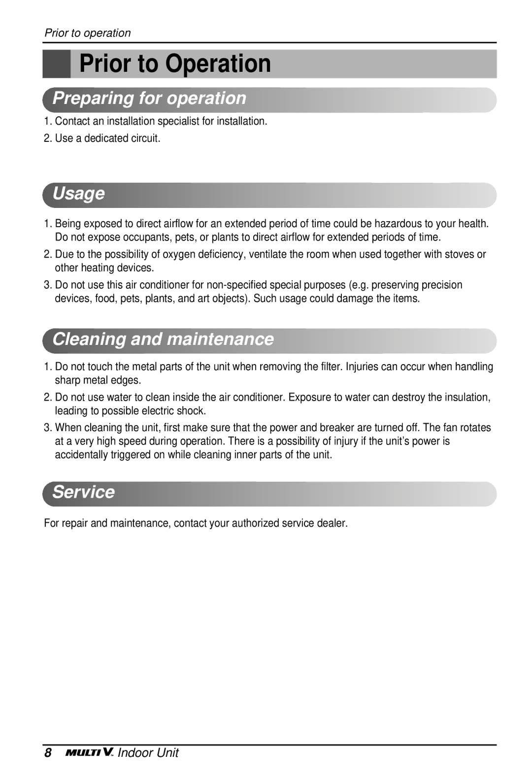 LG Electronics LA185HV owner manual Prior to Operation, Preparing for operation, Usage, Cleaning and maintenance, Service 