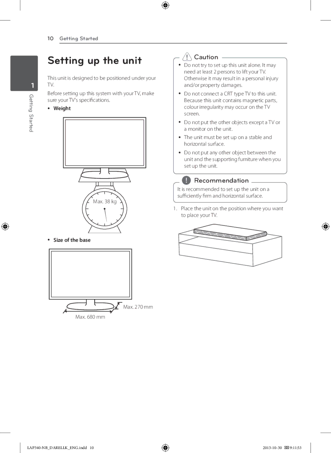 LG Electronics LAP340 owner manual Setting up the unit, Yy Weight 