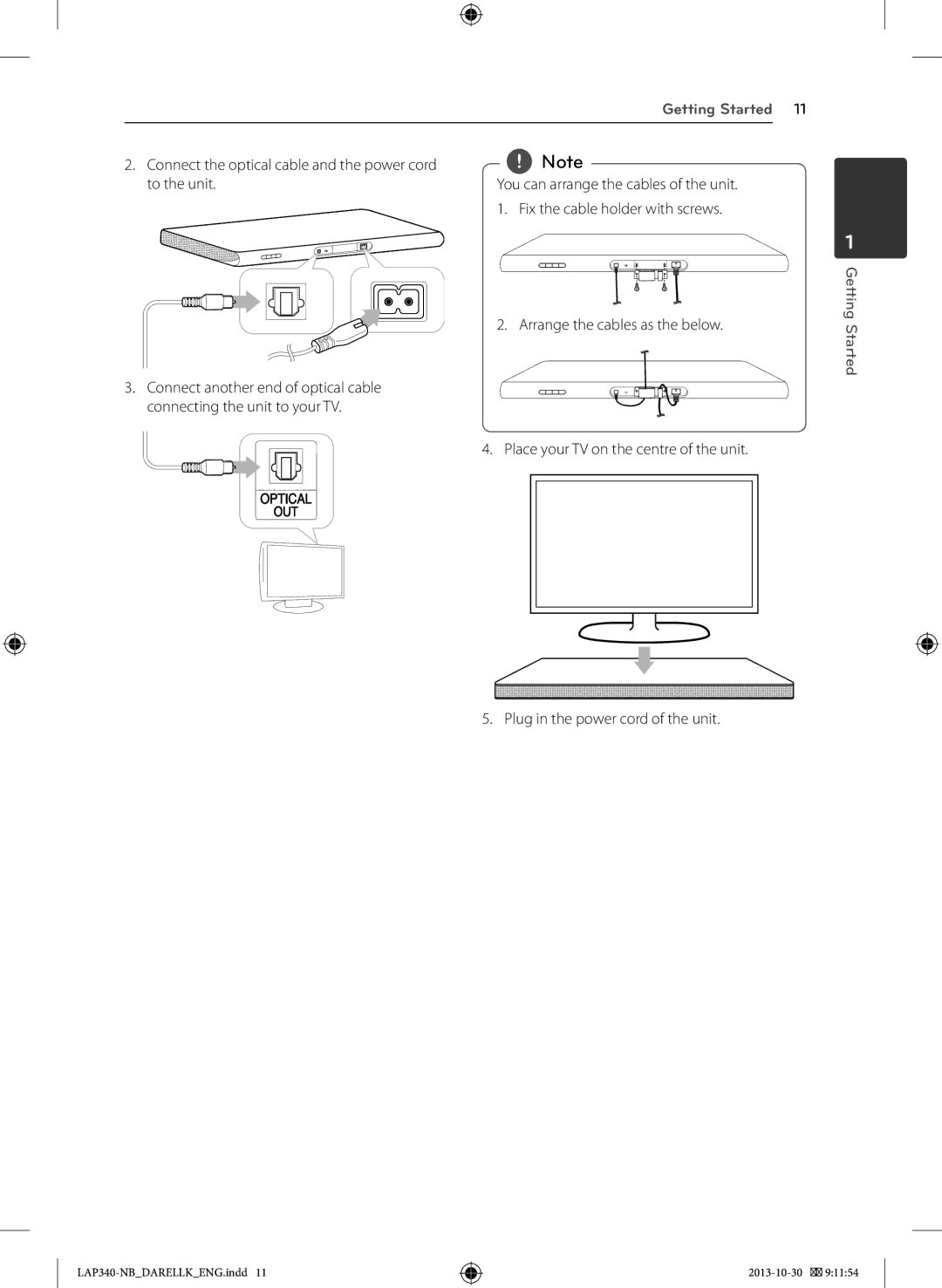 LG Electronics LAP340 owner manual Connect the optical cable and the power cord To the unit 