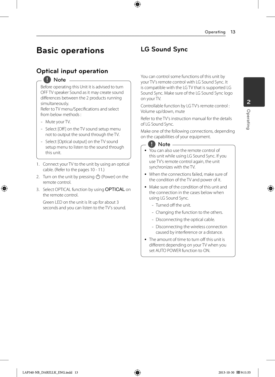 LG Electronics LAP340 owner manual Basic operations, Optical input operation, LG Sound Sync 