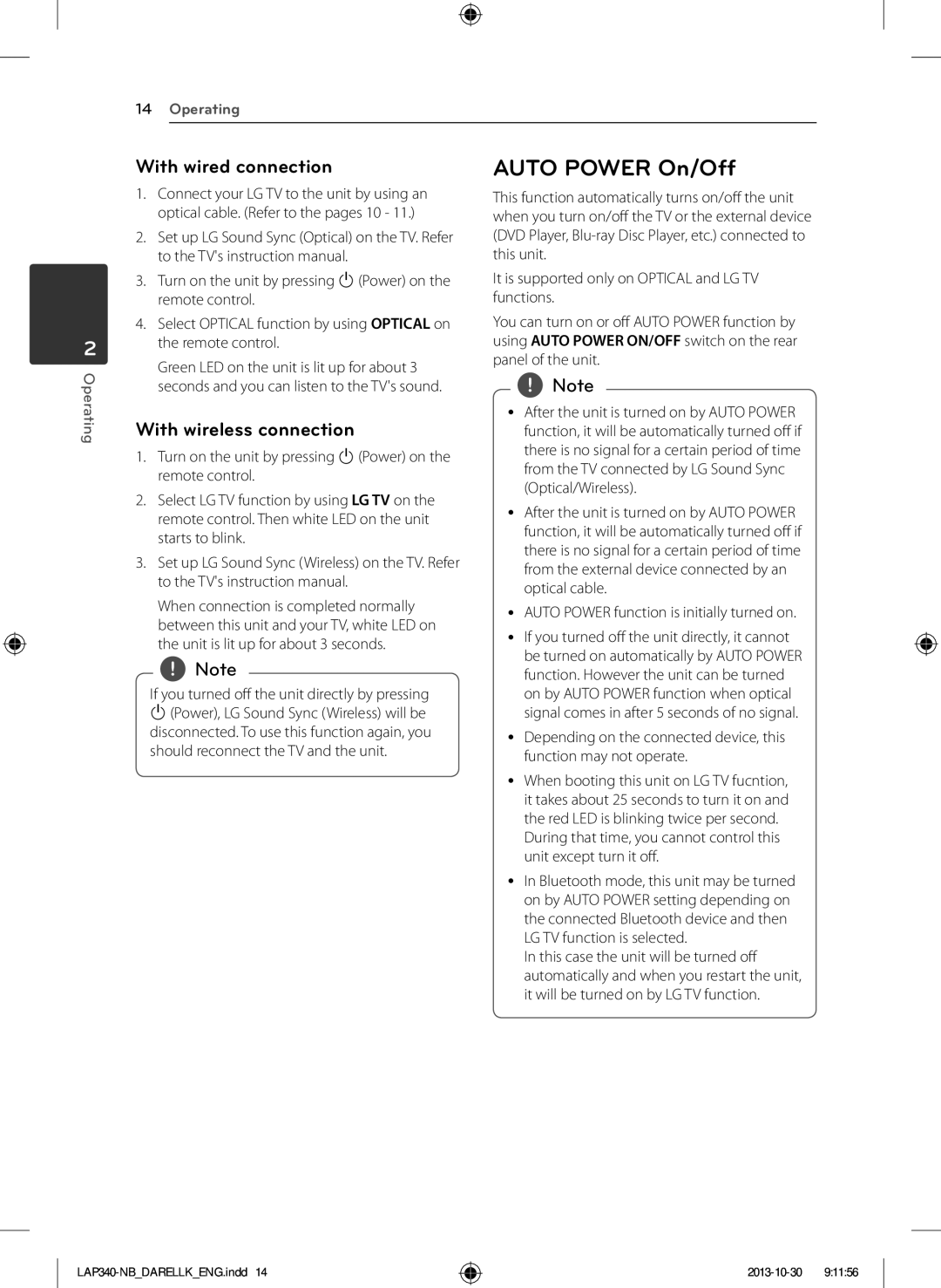 LG Electronics LAP340 owner manual Auto Power On/Off, With wired connection, With wireless connection 