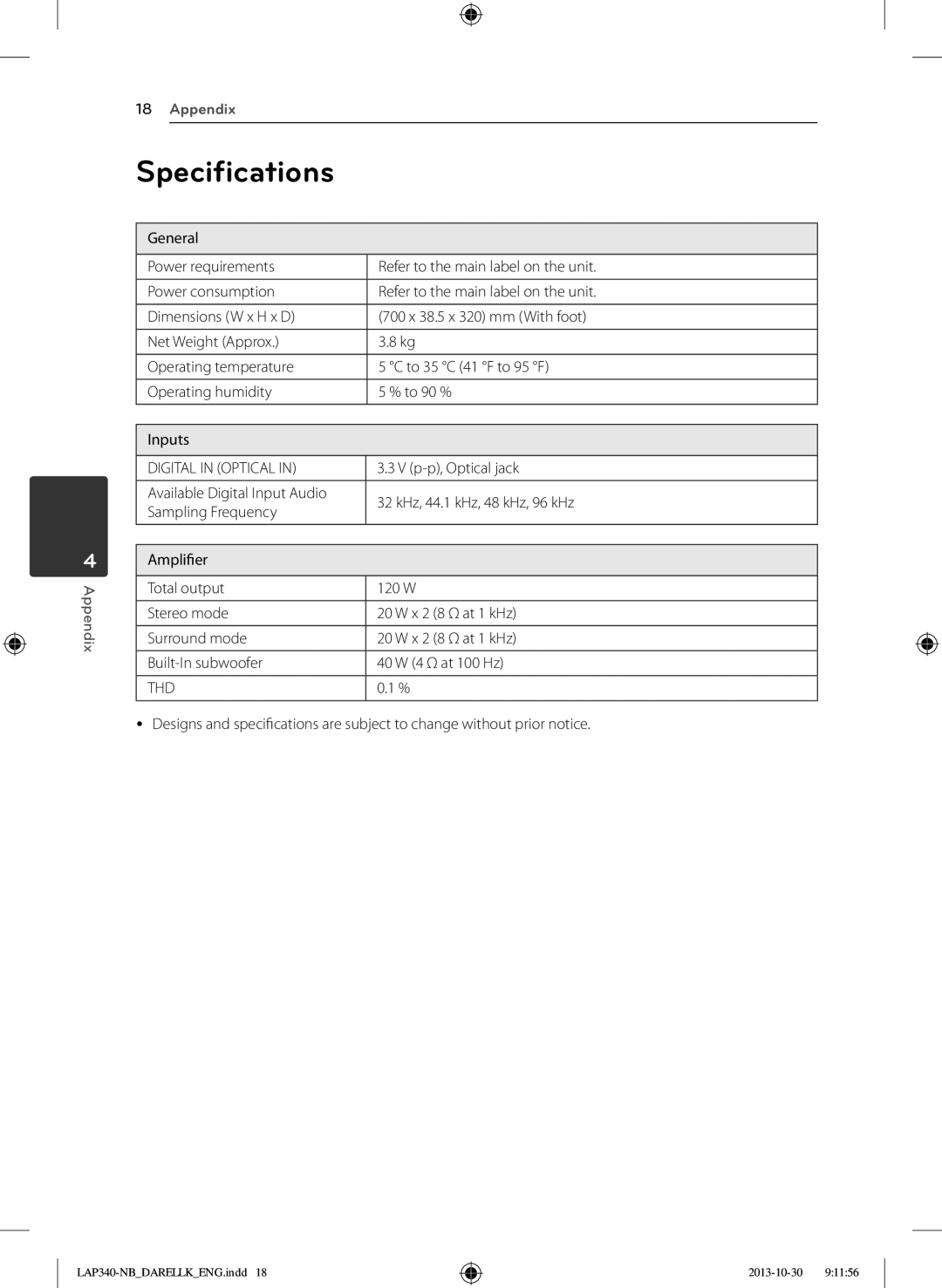 LG Electronics LAP340 owner manual Specifications, Digital in Optical 