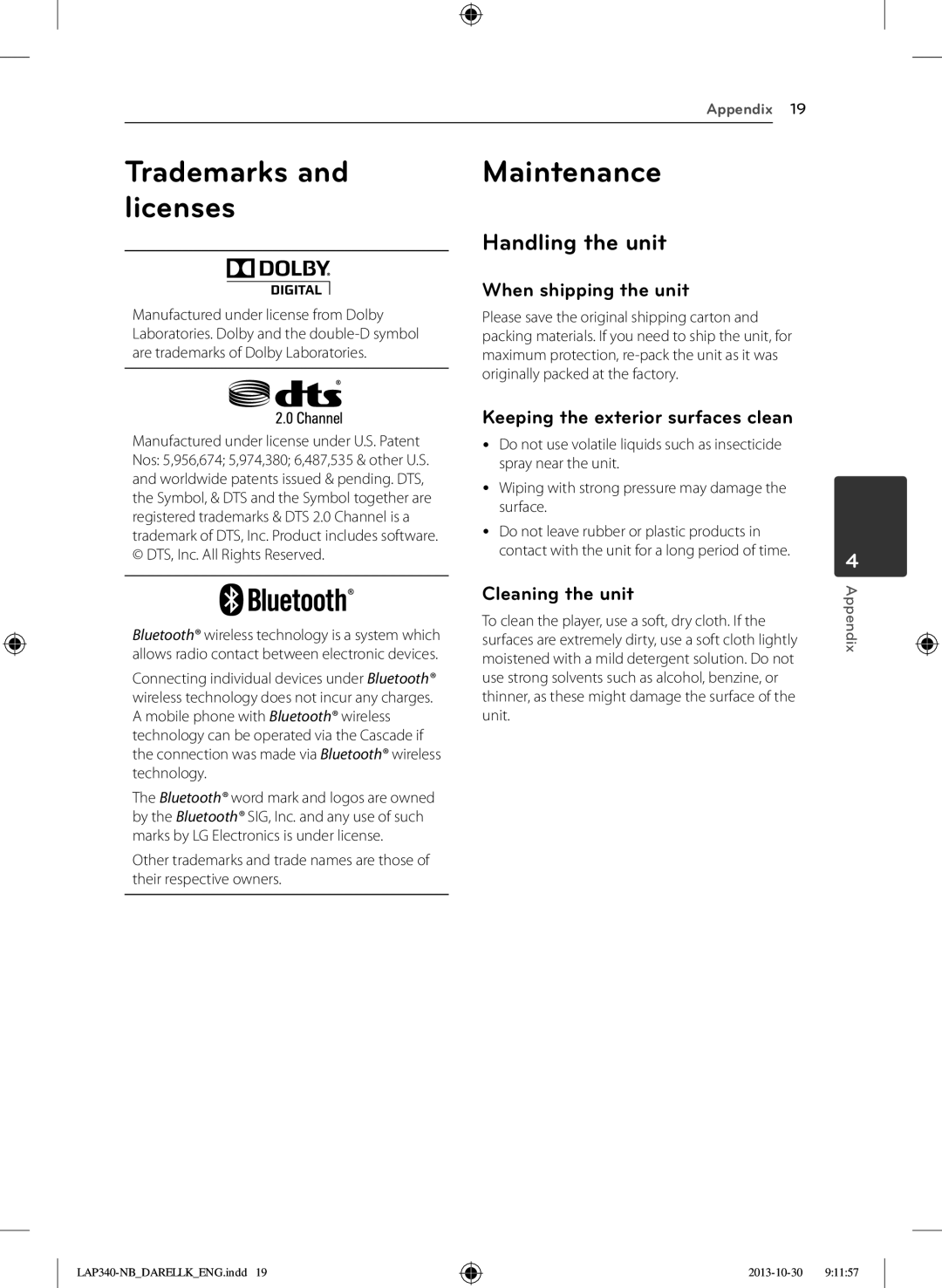 LG Electronics LAP340 owner manual Trademarks and licenses, Maintenance, Handling the unit 