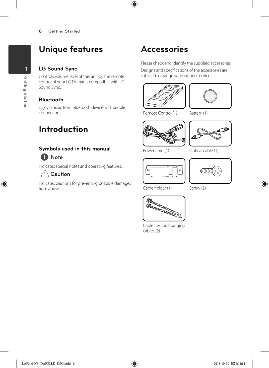 LG Electronics LAP340 owner manual Unique features, Accessories, Introduction 