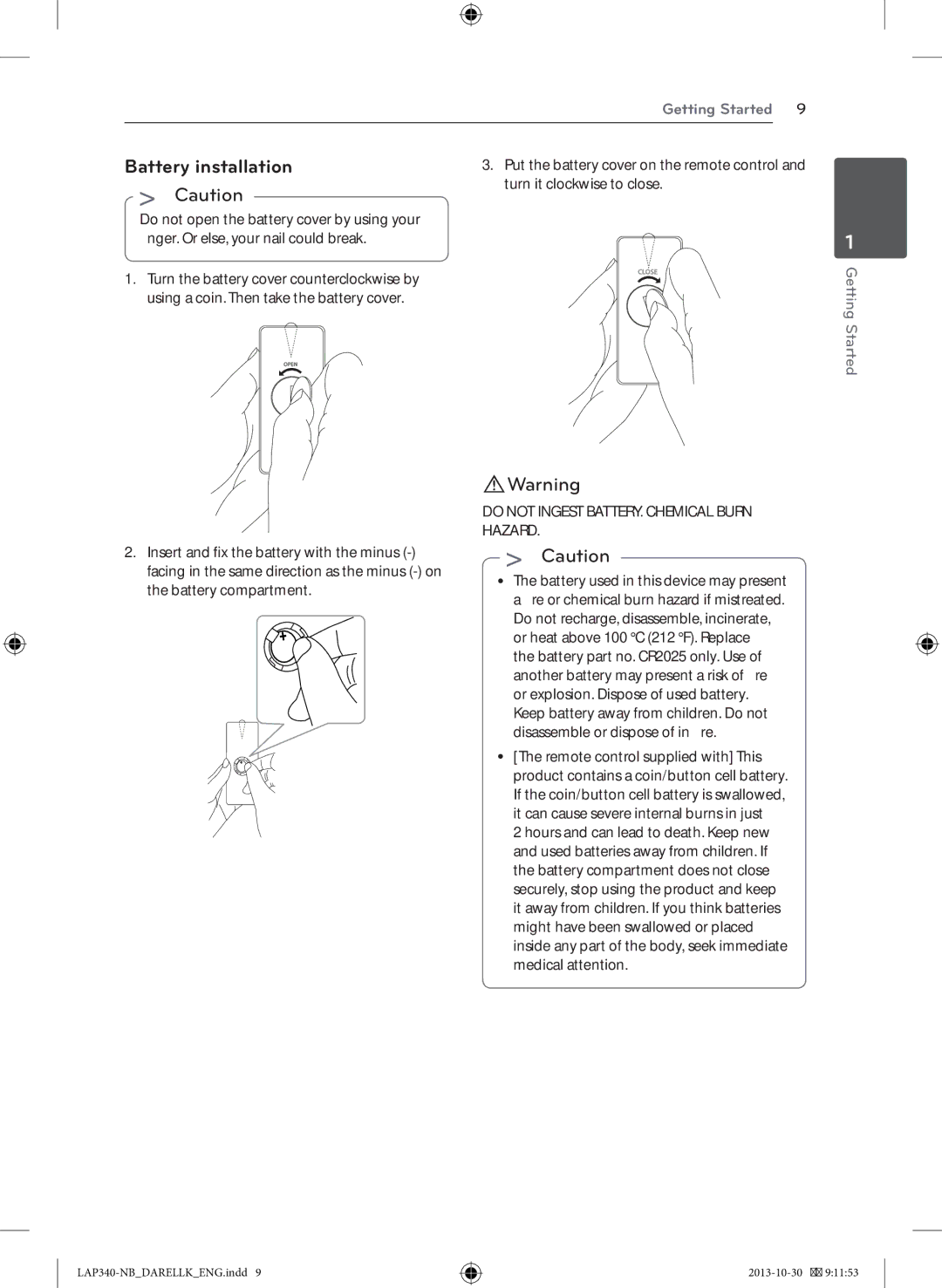 LG Electronics LAP340 owner manual Battery installation, Do not Ingest BATTERY. Chemical Burn Hazard 