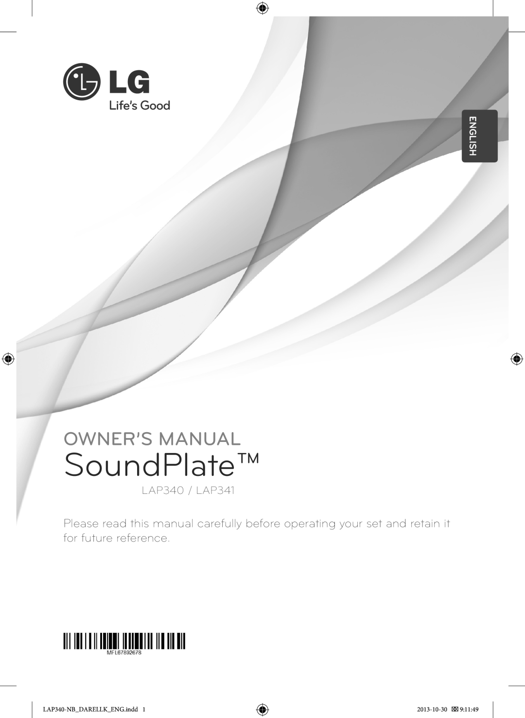 LG Electronics owner manual SoundPlate, LAP340 / LAP341, English, LAP340-NBDARELLKENG.indd, 2013-10-30 