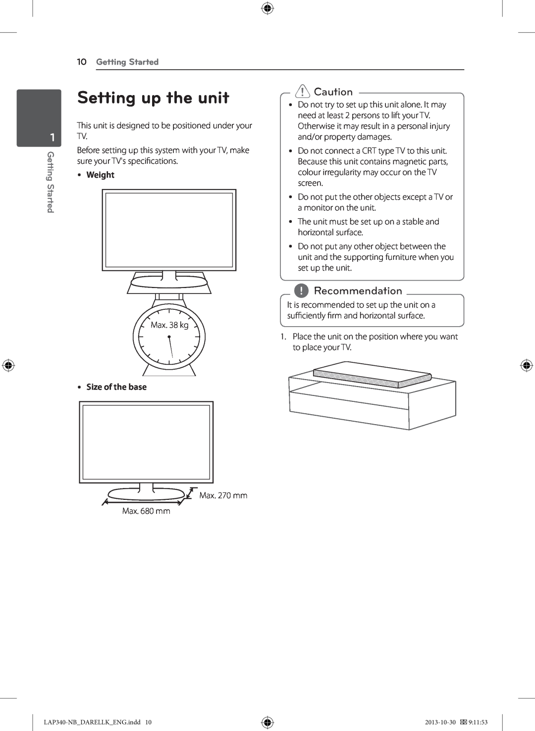 LG Electronics LAP340 owner manual Setting up the unit, Getting Started, yy Weight, yy Size of the base, Recommendation 