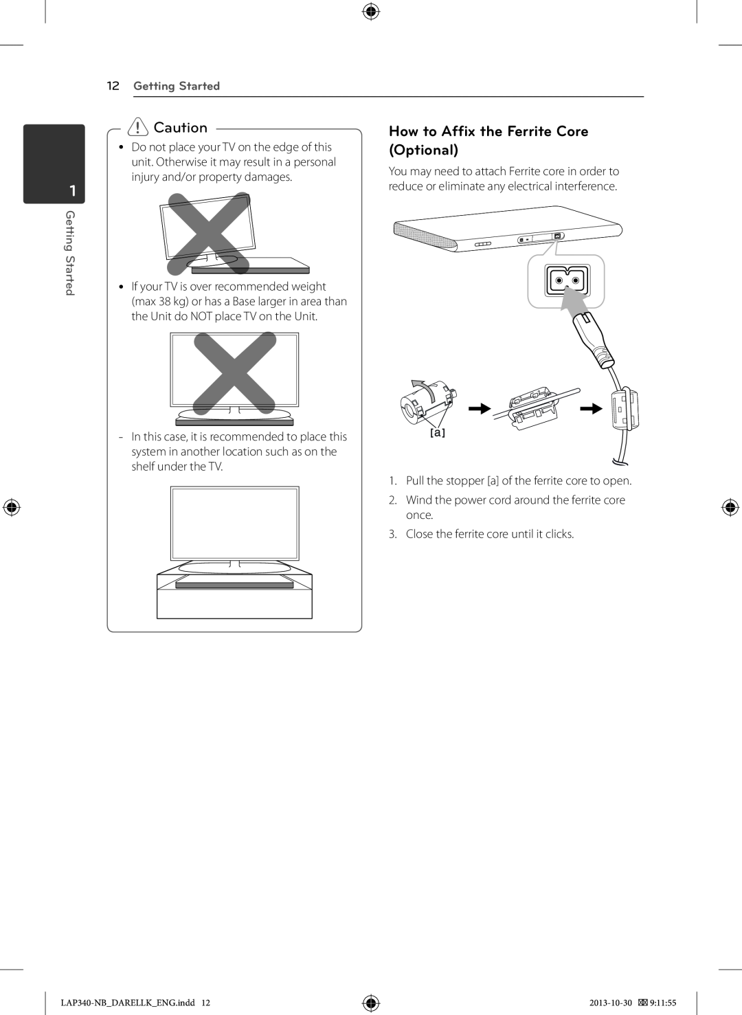 LG Electronics LAP340 owner manual How to Affix the Ferrite Core Optional, Getting Started 