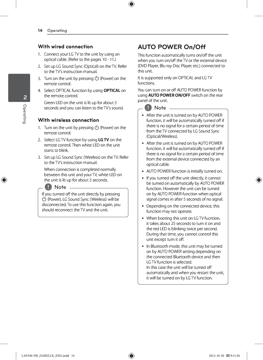LG Electronics LAP340 owner manual AUTO POWER On/Off, With wired connection, With wireless connection, Operating 