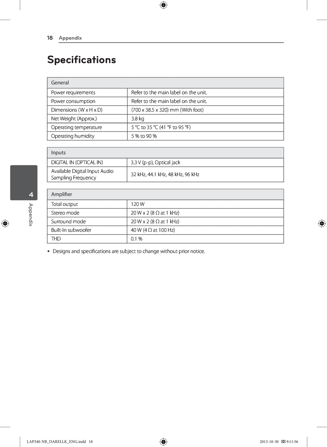 LG Electronics LAP340 owner manual Specifications, Appendix 
