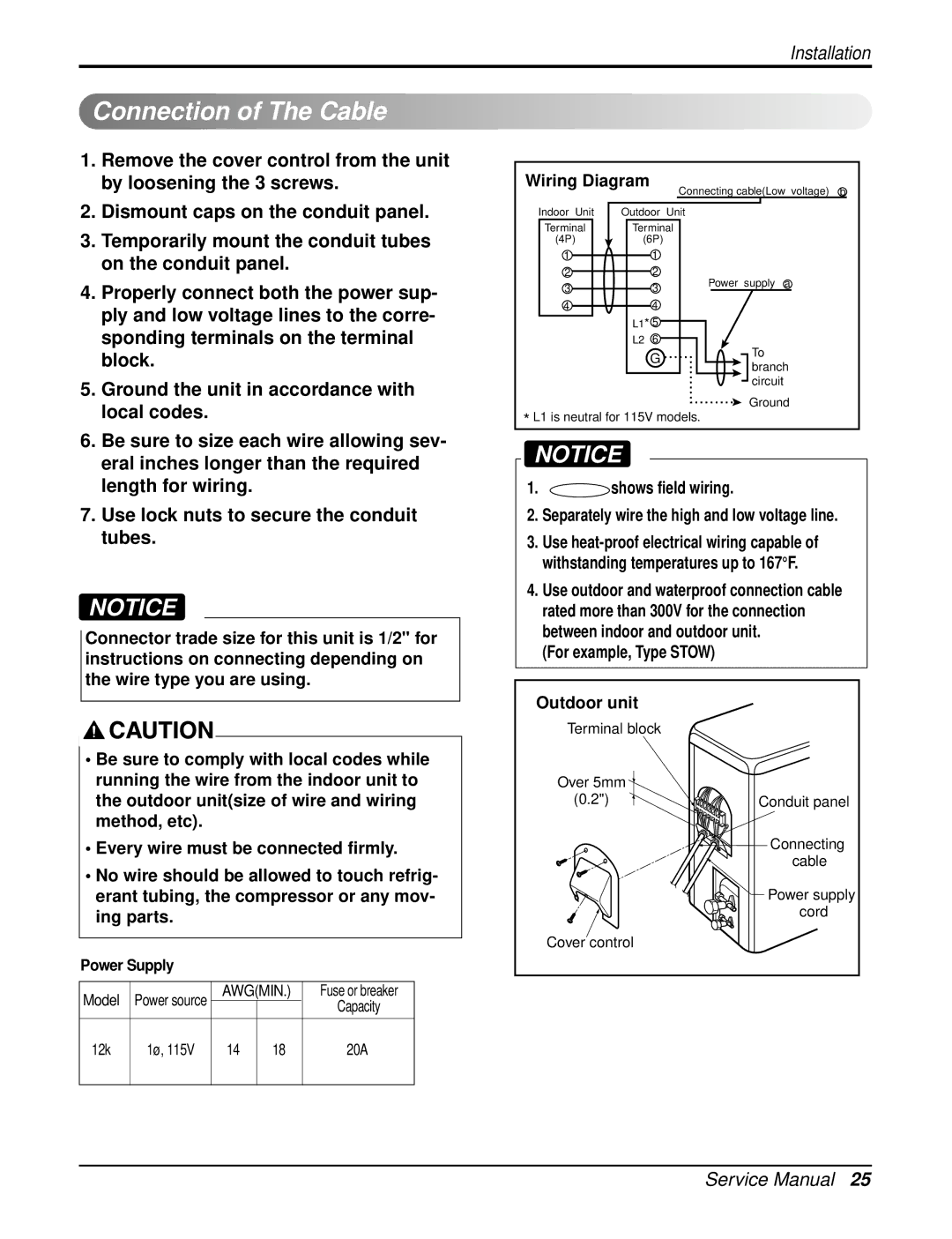 LG Electronics LAN121CNM, LAU121CNM, LA121HPMI service manual Connection of The Cable, Wiring Diagram 