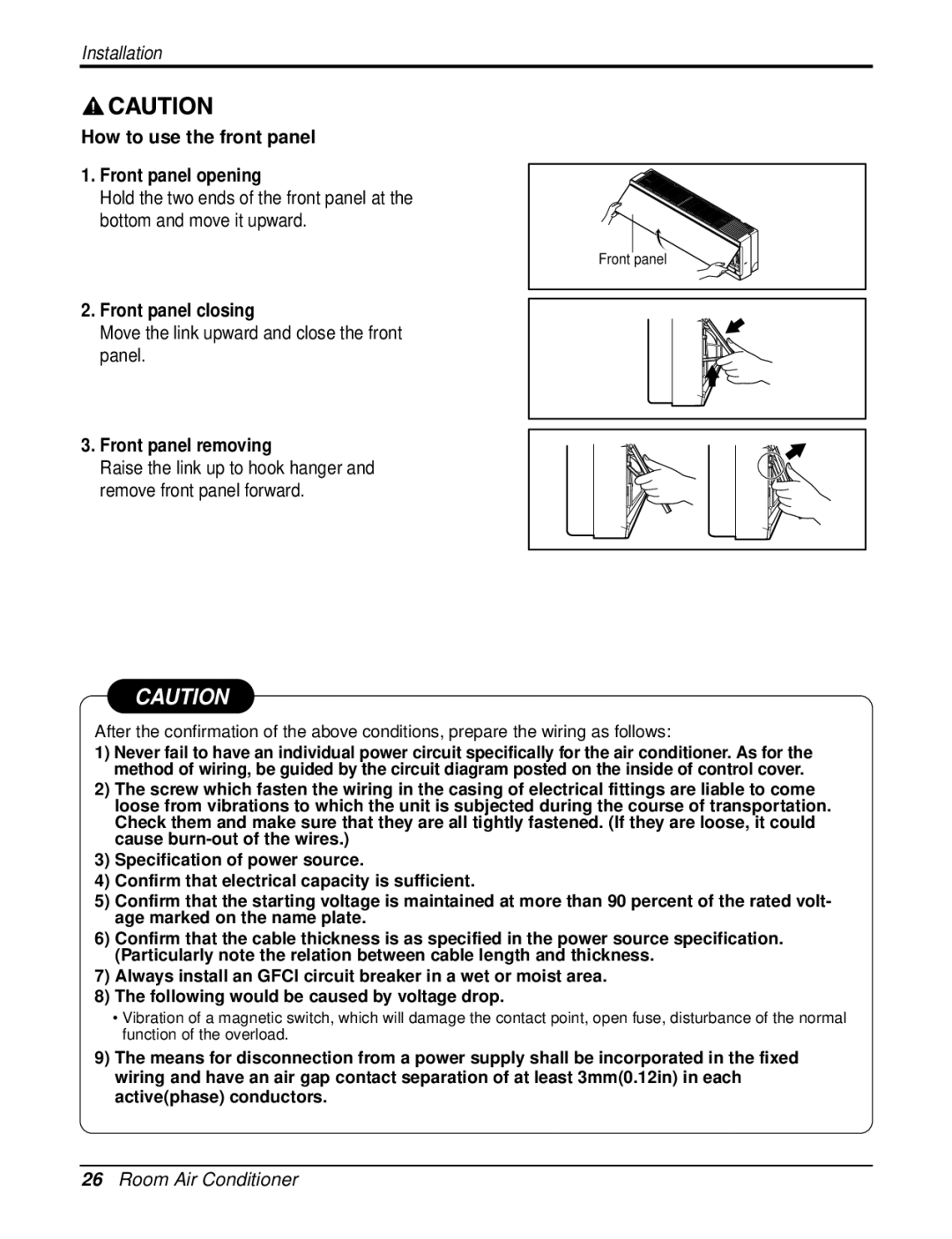 LG Electronics LA121HPMI How to use the front panel Front panel opening, Front panel closing, Front panel removing 