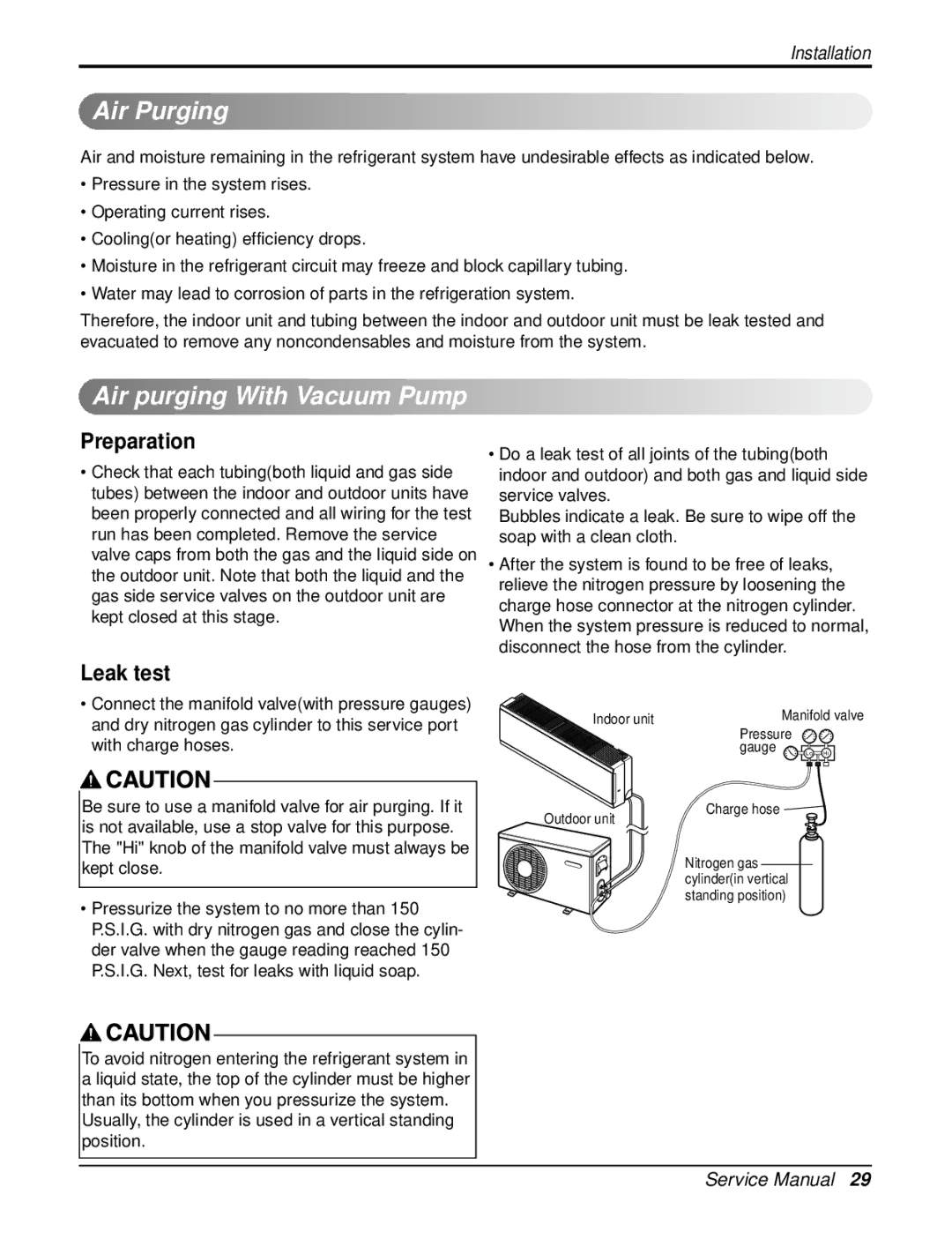 LG Electronics LAN121CNM, LAU121CNM, LA121HPMI Air Purging, Air purging With Vacuum Pump, Preparation, Leak test 