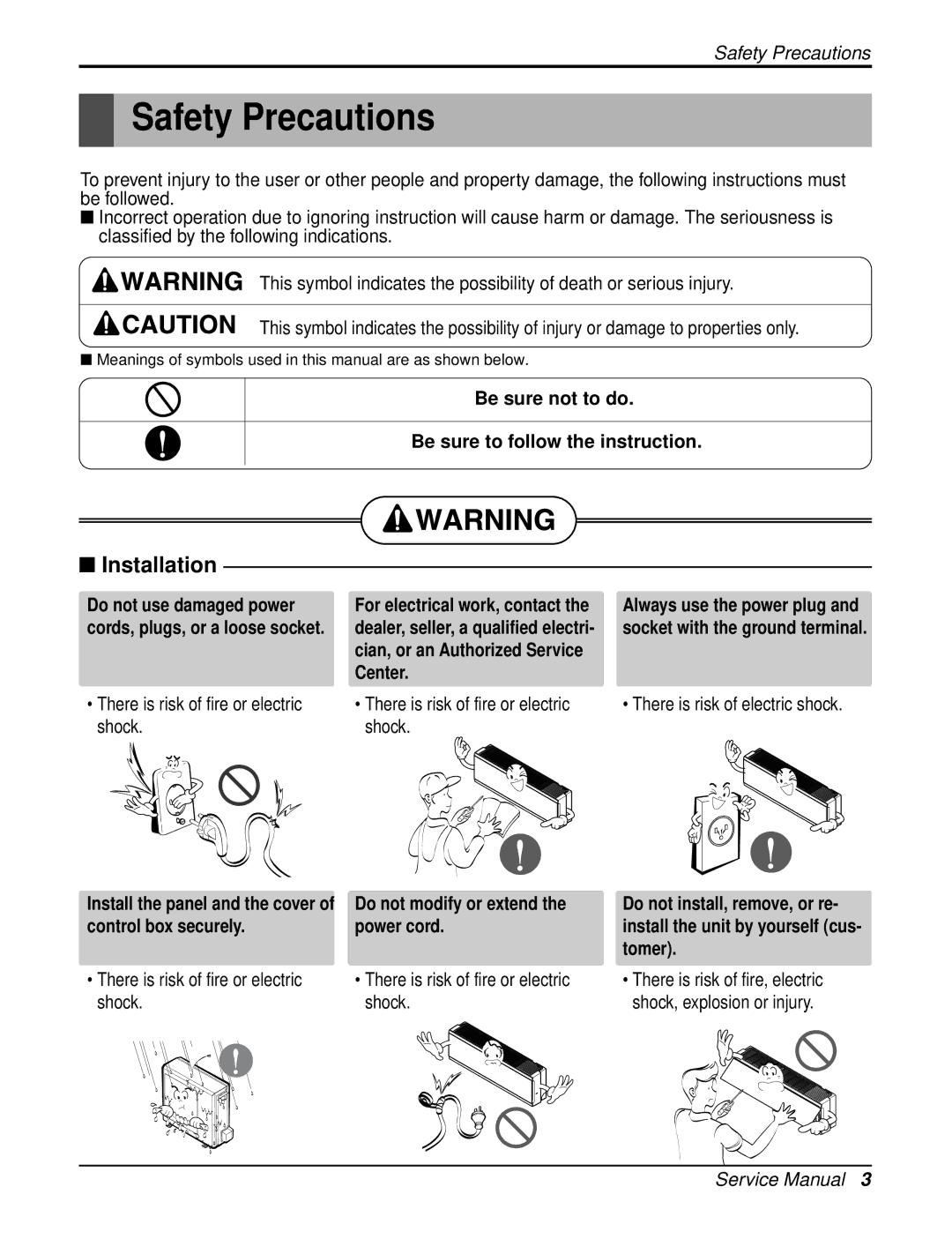 LG Electronics LAN121CNM, LAU121CNM, LA121HPMI, LA121HPMO, LAN121HNM, LAU121HNM, LA121CPMI, LA121CPMO Safety Precautions 