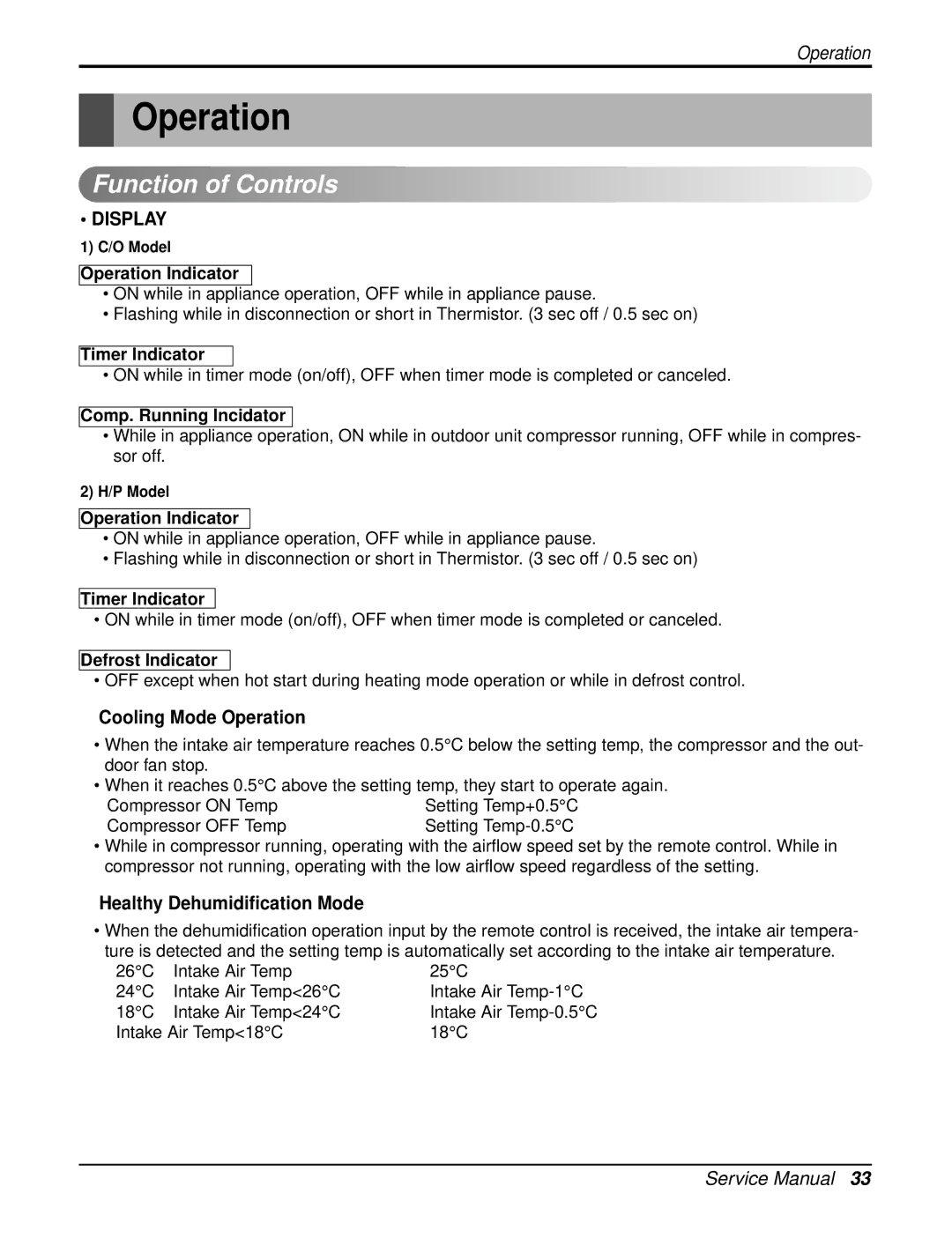 LG Electronics LAN121CNM, LAU121CNM Function of Controls, Cooling Mode Operation, Healthy Dehumidification Mode 