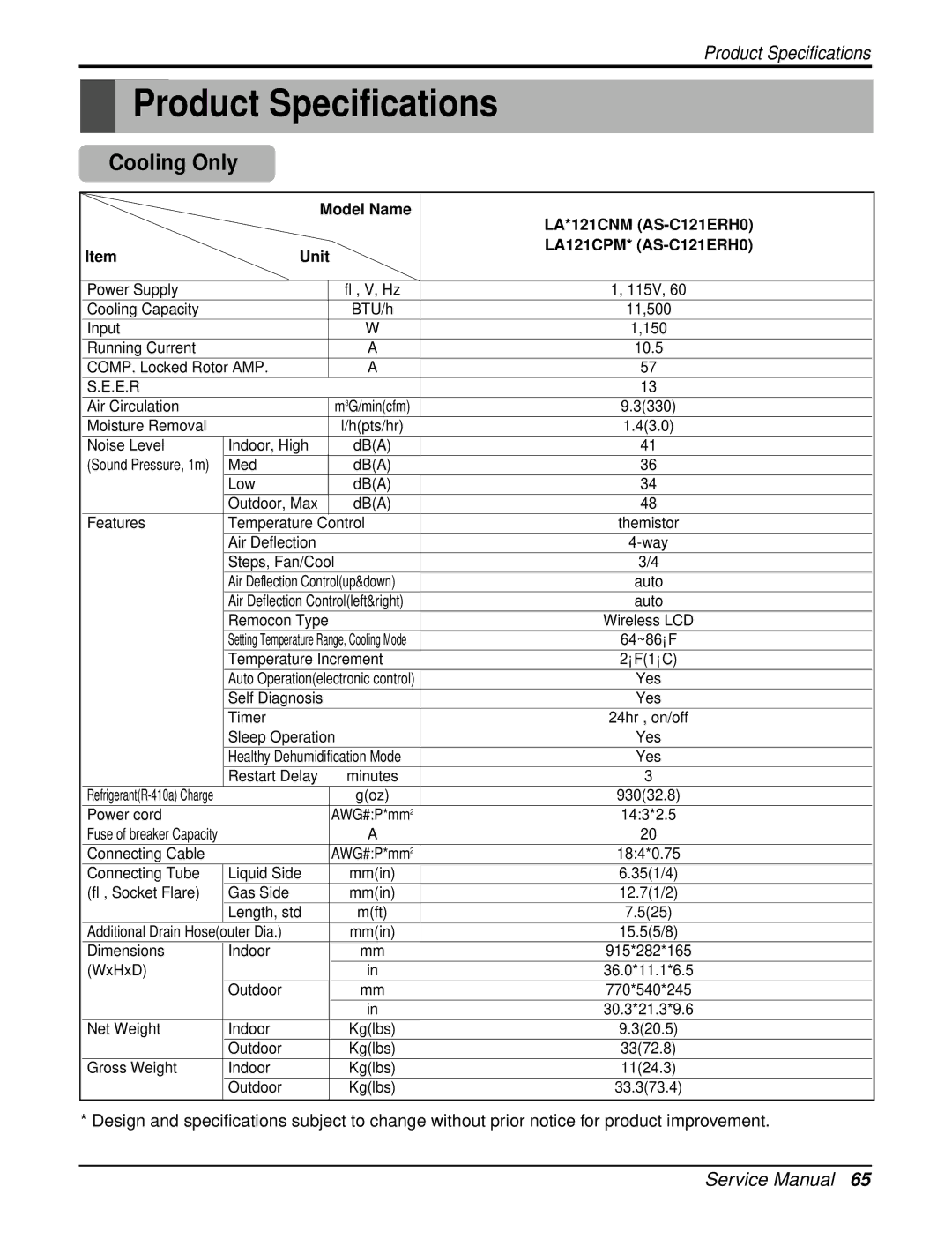 LG Electronics LAN121CNM, LAU121CNM, LA121HPMI service manual Product Specifications, Cooling Only 