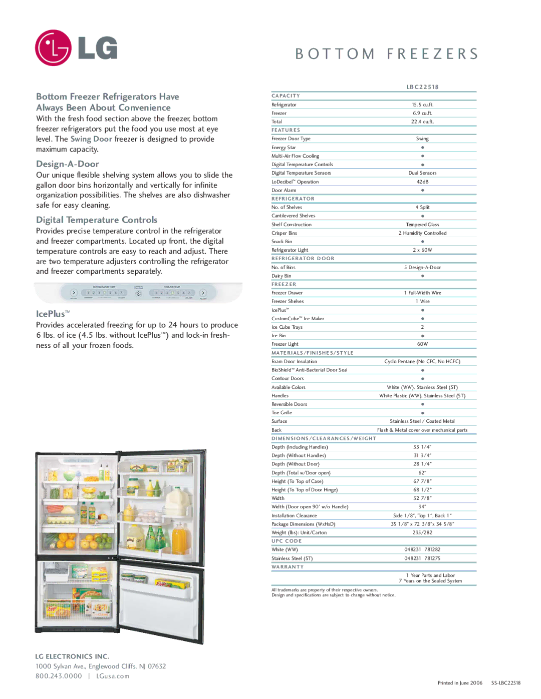 LG Electronics LBC22518 manual Design-A-Door, Digital Temperature Controls, IcePlus 