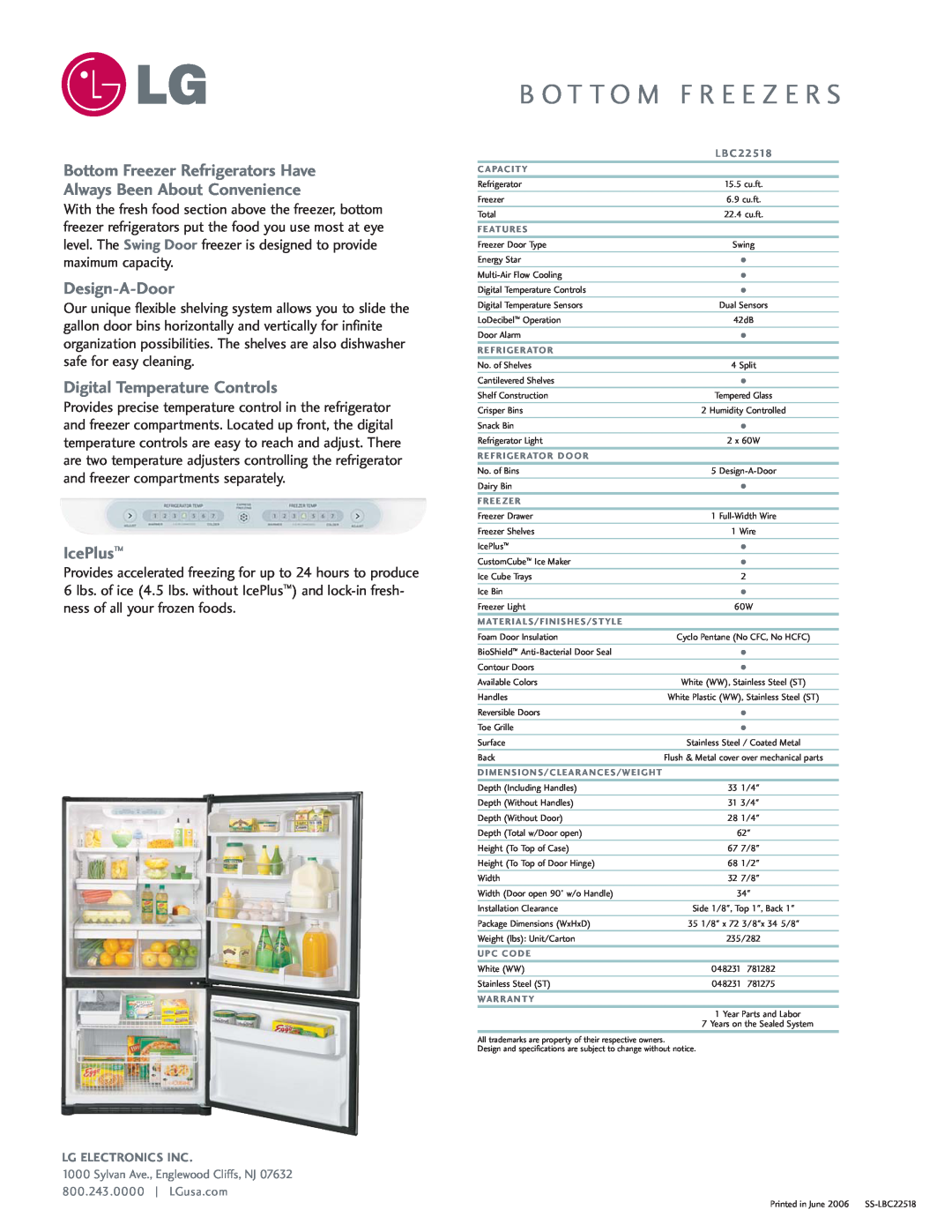 LG Electronics LBC22518 manual Bottom Freezer Refrigerators Have, Always Been About Convenience, Design-A-Door, IcePlus 