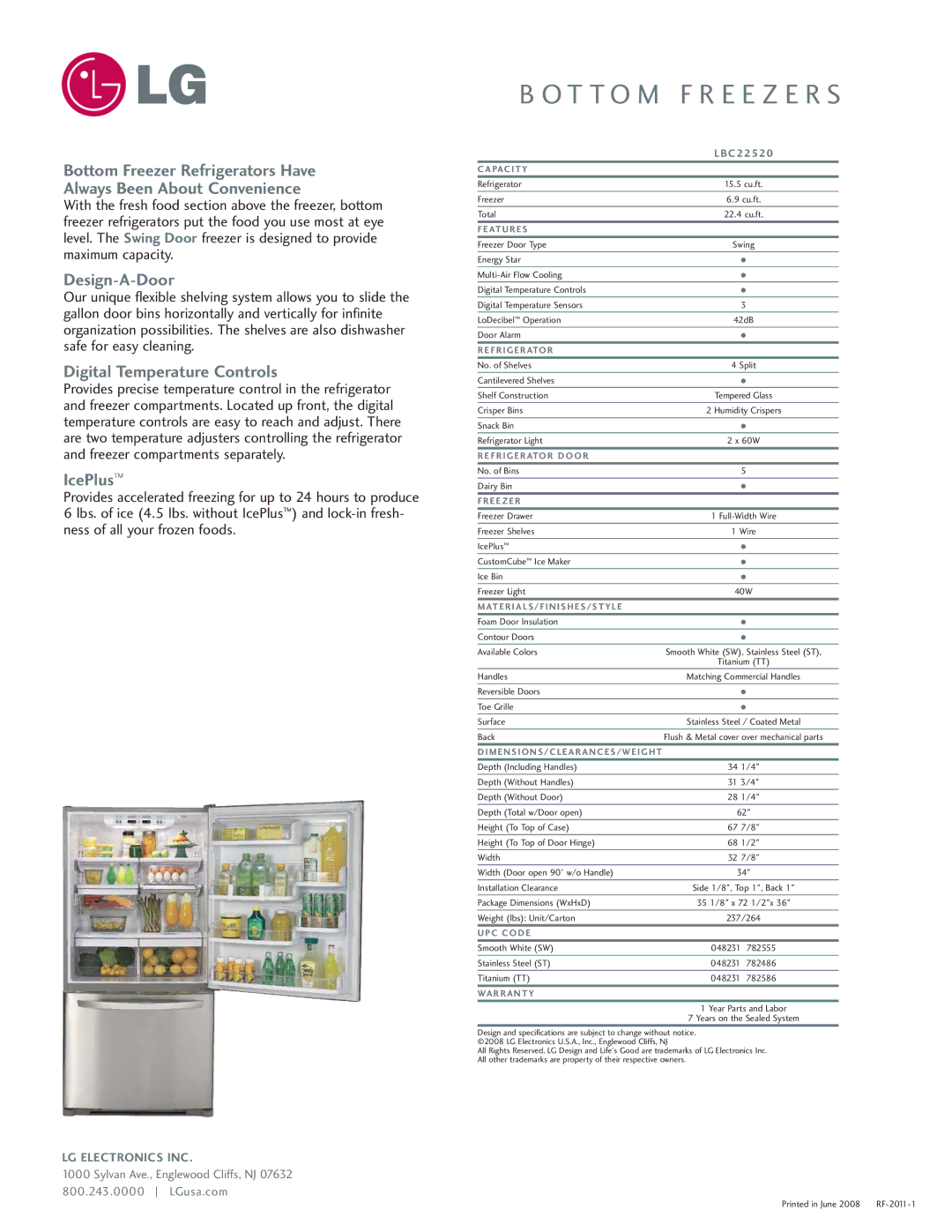 LG Electronics LBC22520 manual Design-A-Door, Digital Temperature Controls, IcePlus 