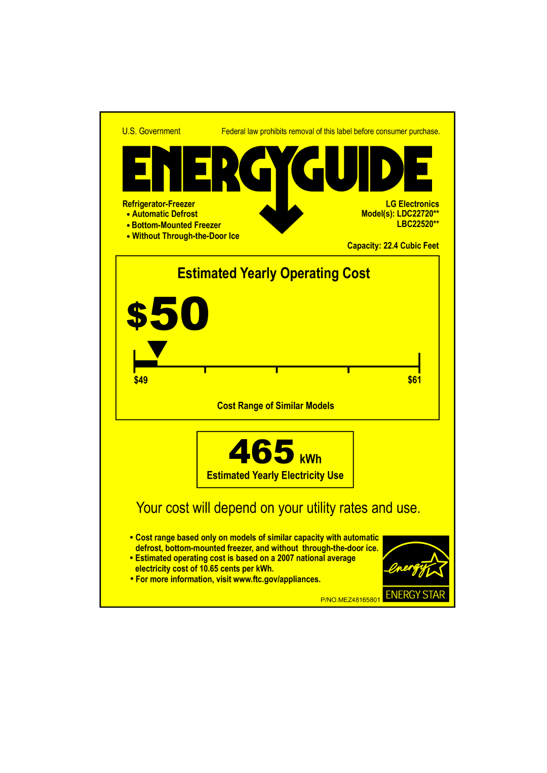 LG Electronics LBC22720ST, LBC22520ST manual $50, 465 kWh, Your cost will depend on your utility rates and use 