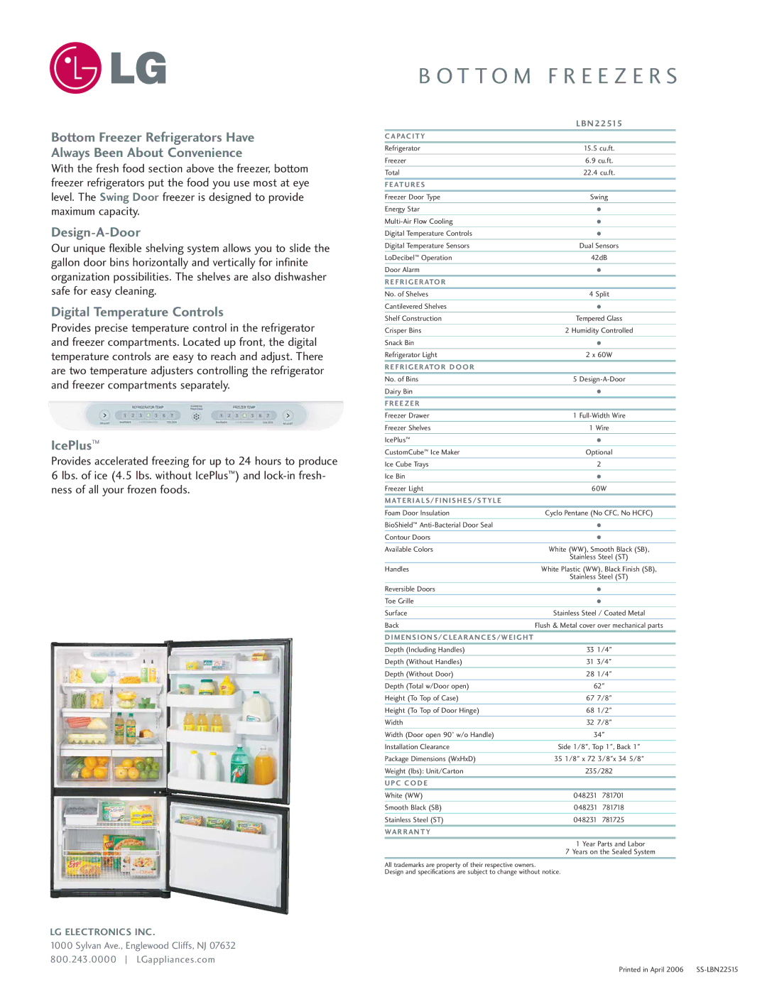 LG Electronics LBN22515 manual Design-A-Door, Digital Temperature Controls, IcePlus 