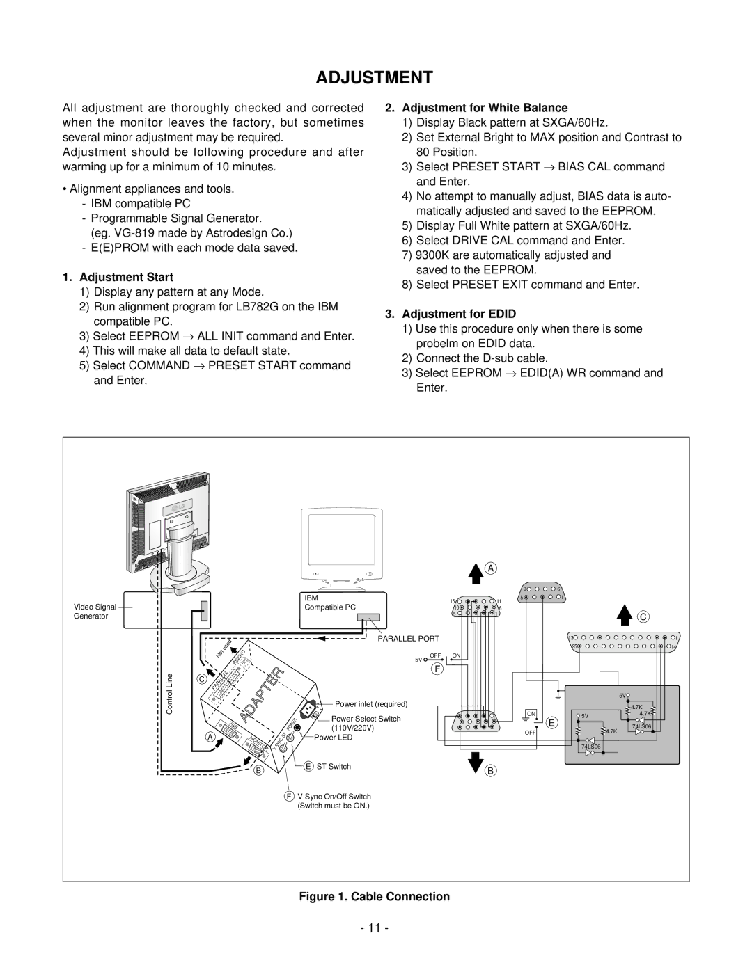 LG Electronics LCD 782LS service manual Adjustment for White Balance, Adjustment Start, Adjustment for Edid 