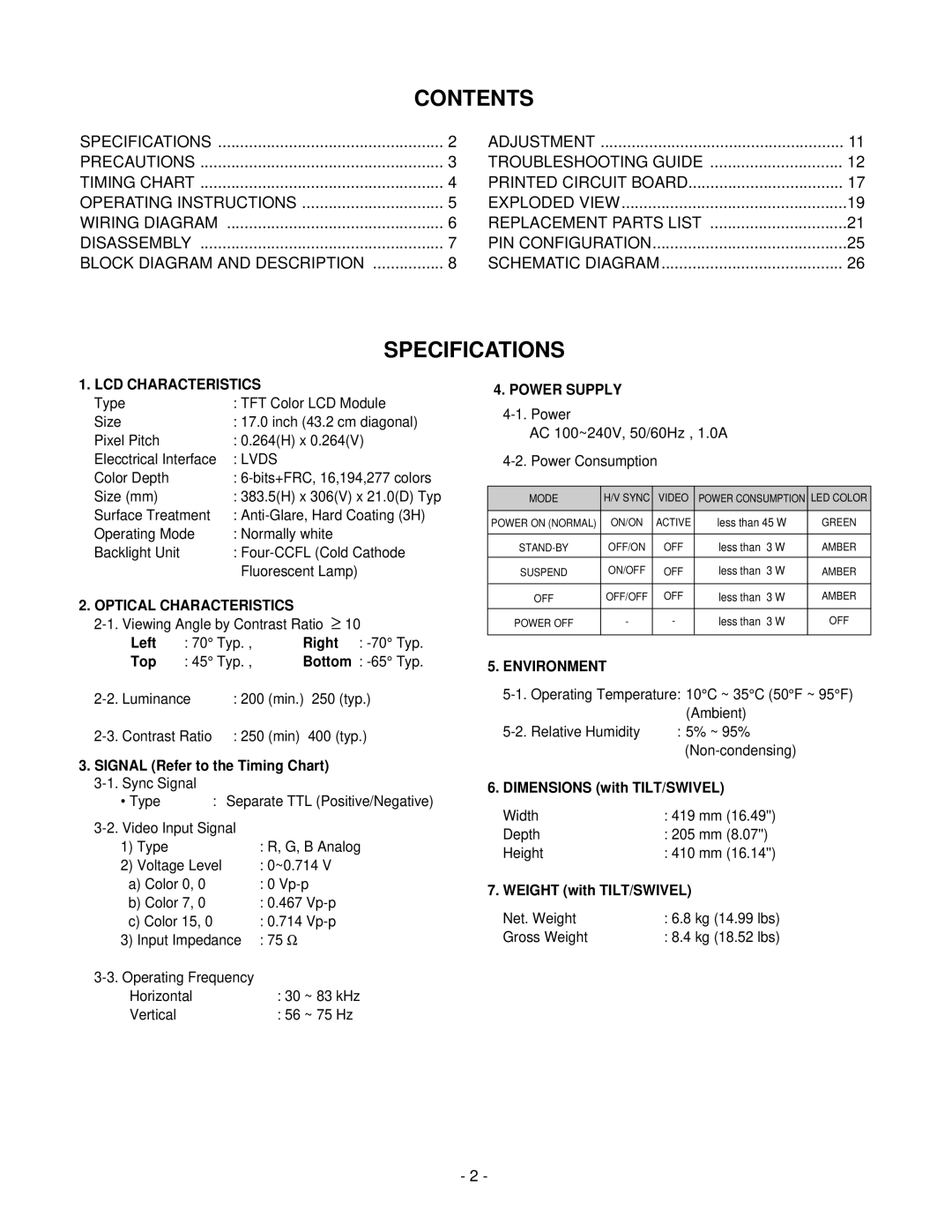 LG Electronics LCD 782LS service manual Contents, Specifications 