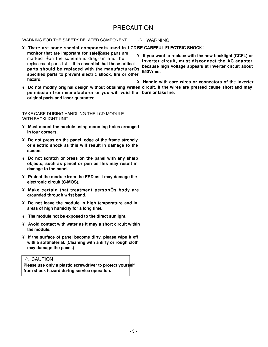 LG Electronics LCD 782LS service manual Precaution, Be Careful Electric Shock 