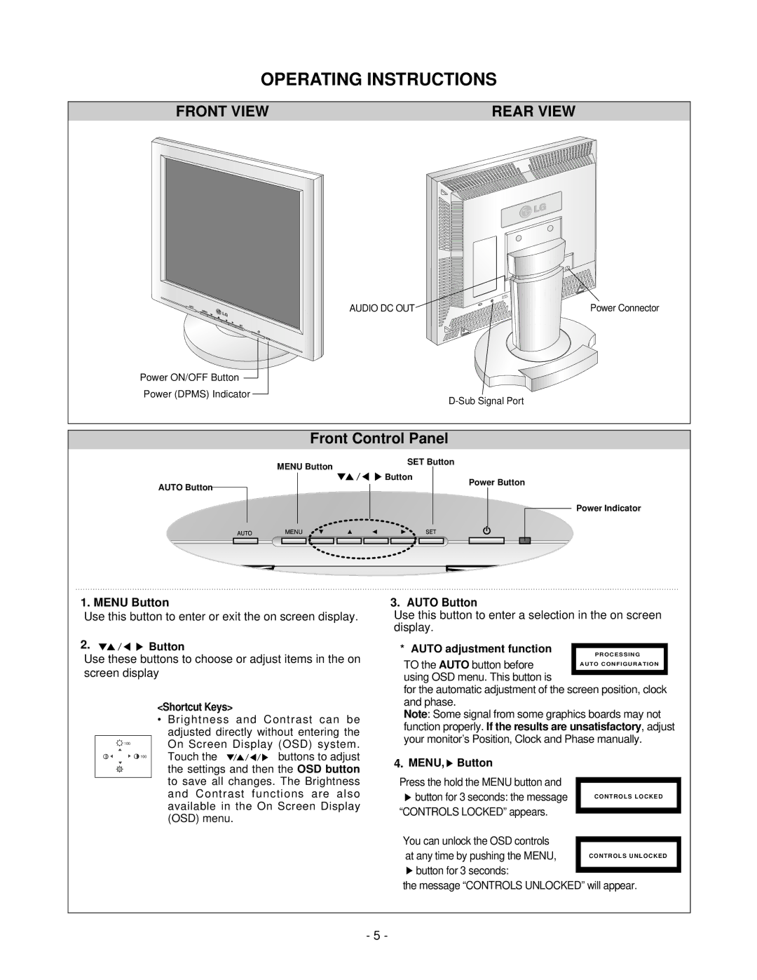 LG Electronics LCD 782LS service manual Operating Instructions, Front View Rear View, Menu Button, Auto Button 