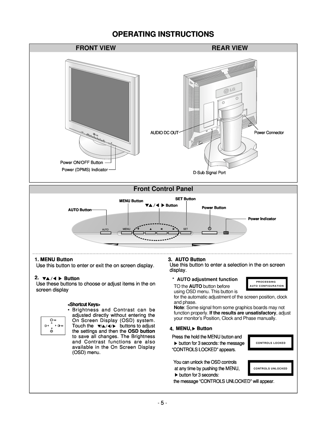 LG Electronics LCD 782LS Operating Instructions, Front View, Rear View, Front Control Panel, MENU Button, AUTO Button 