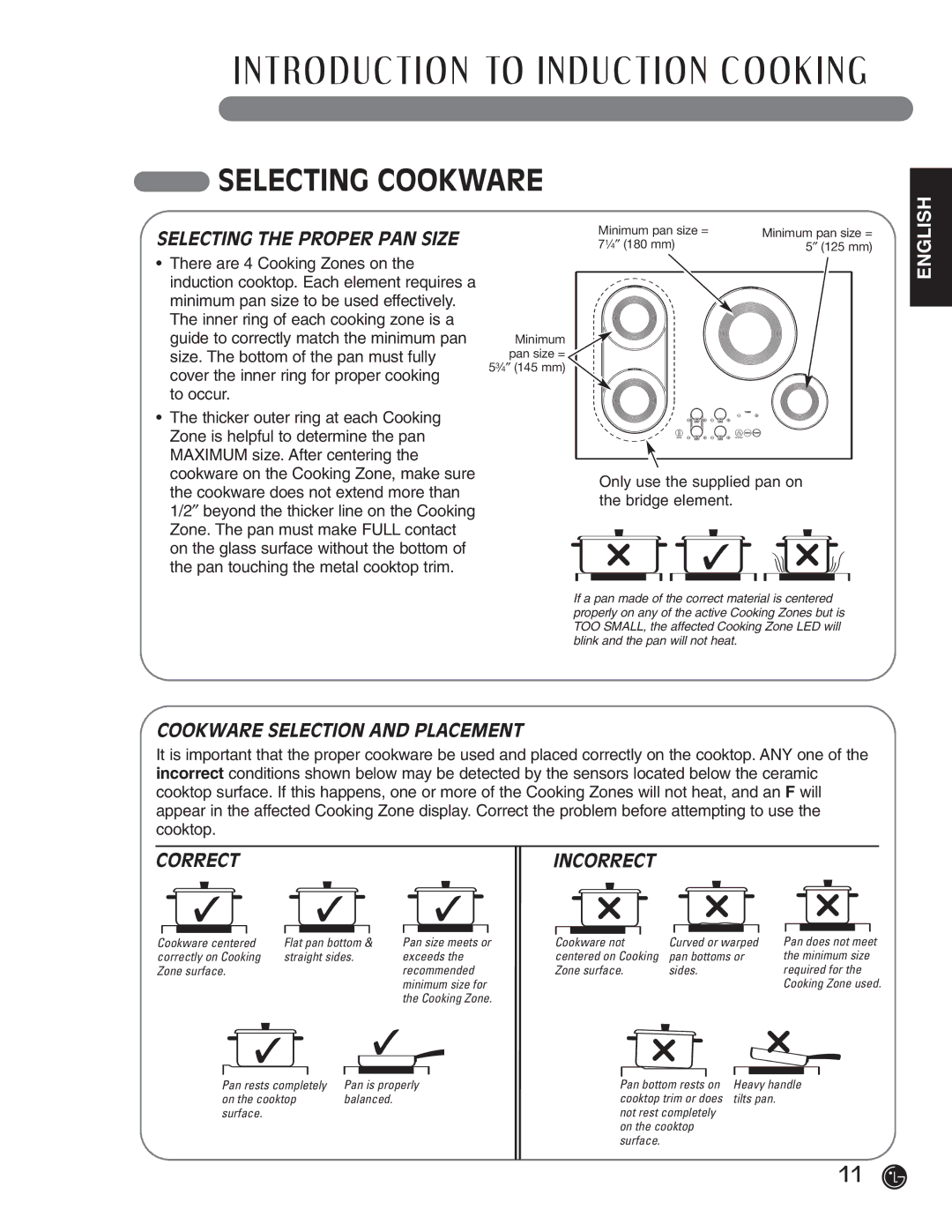 LG Electronics HN7413AG, LCE30845 Selecting the Proper PAN Size, Cookware Selection and Placement, Correct 