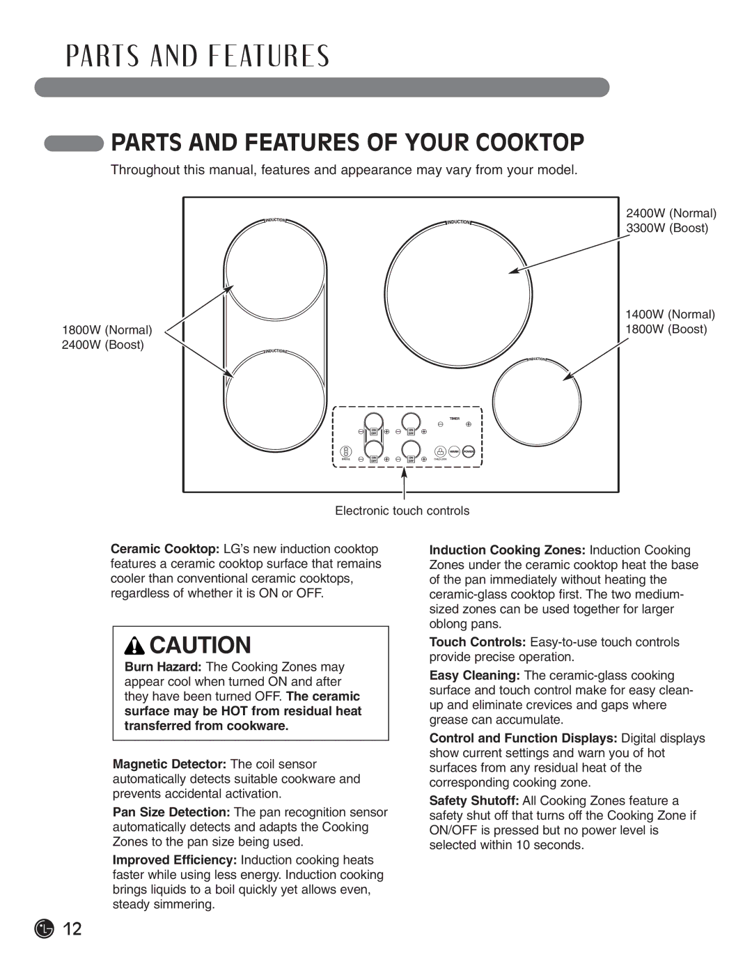 LG Electronics LCE30845, HN7413AG installation instructions PA RT S a N D F E AT U R E S, Parts and Features of Your Cooktop 